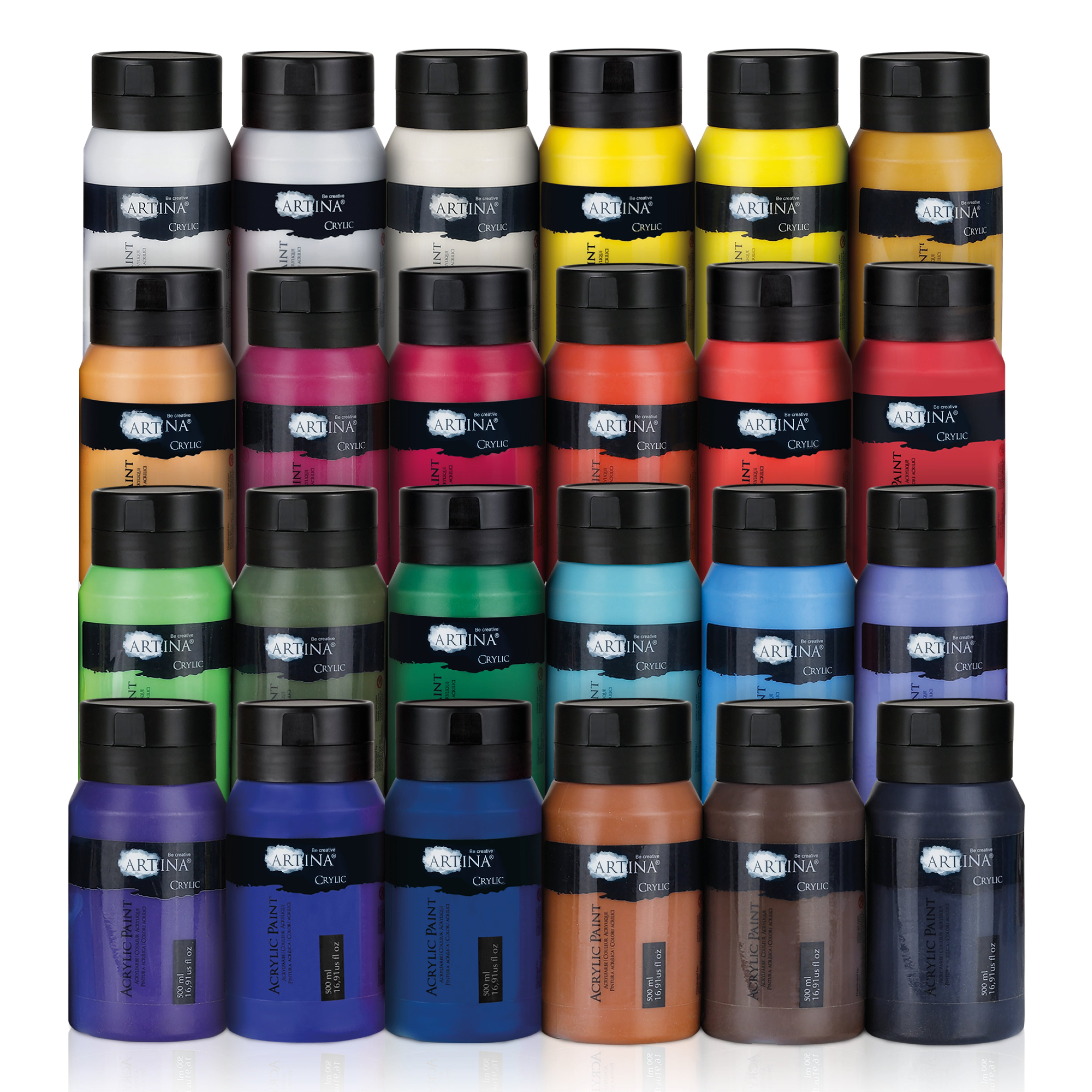 Artina Crylic Acrylfarbe Tuben Set 24 x 500ml schnell trocknende, pigmentreiche und lichtechte Acrylfarben in verschiedenen Farbtönen