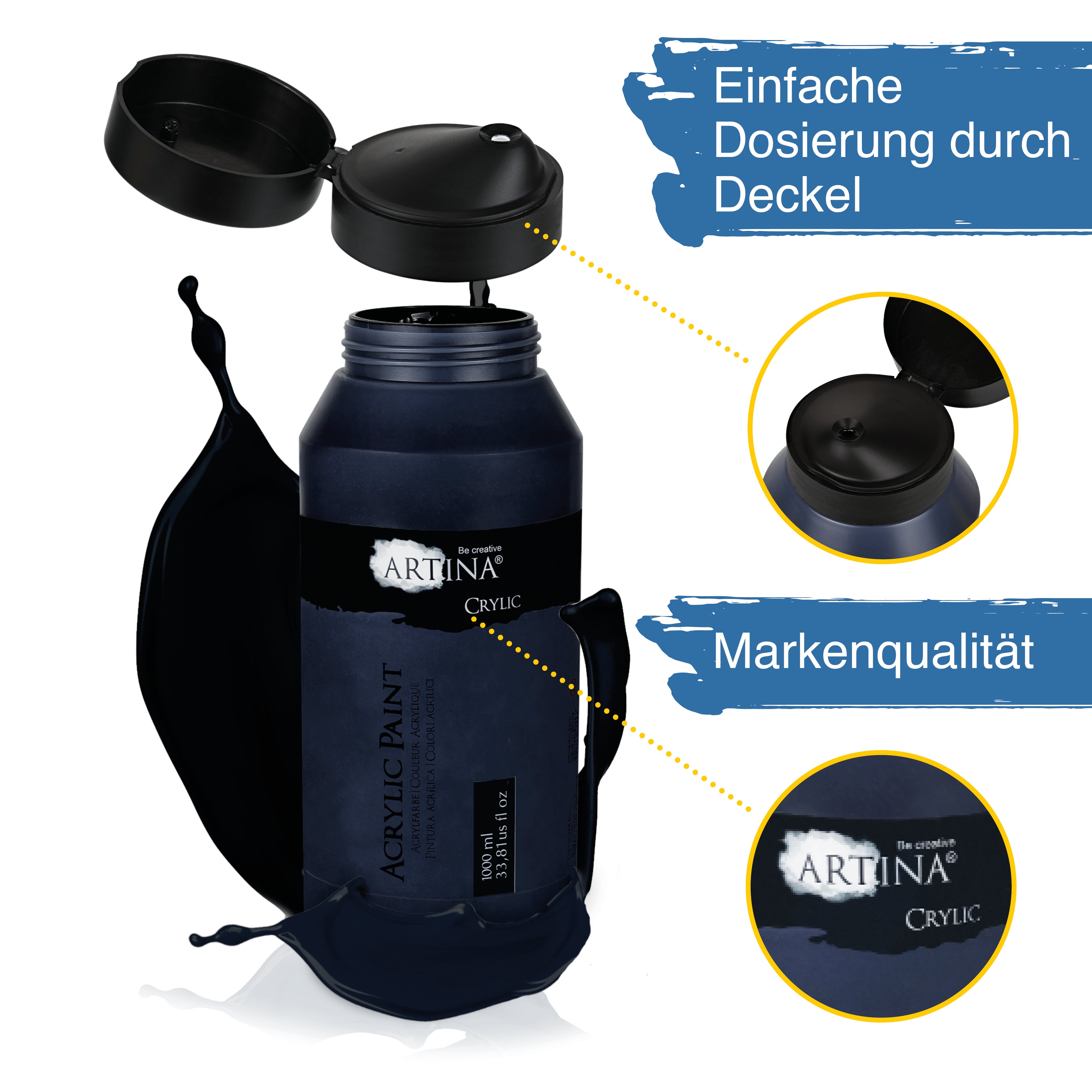 Artina Acrylfarbe Schwarz Weiss 500ml 1000ml Crylic