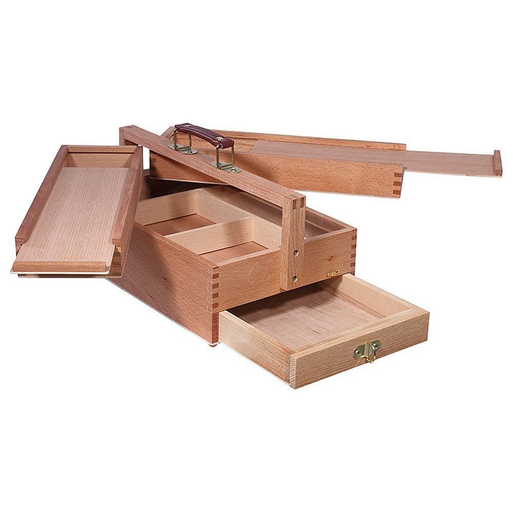 Artina Holz-Malkoffer Vannes aus massivem Buchenholz mit Flügelfächern, Schublade und Lederhandgriff, offen mit herausnehmbaren Innenfächern