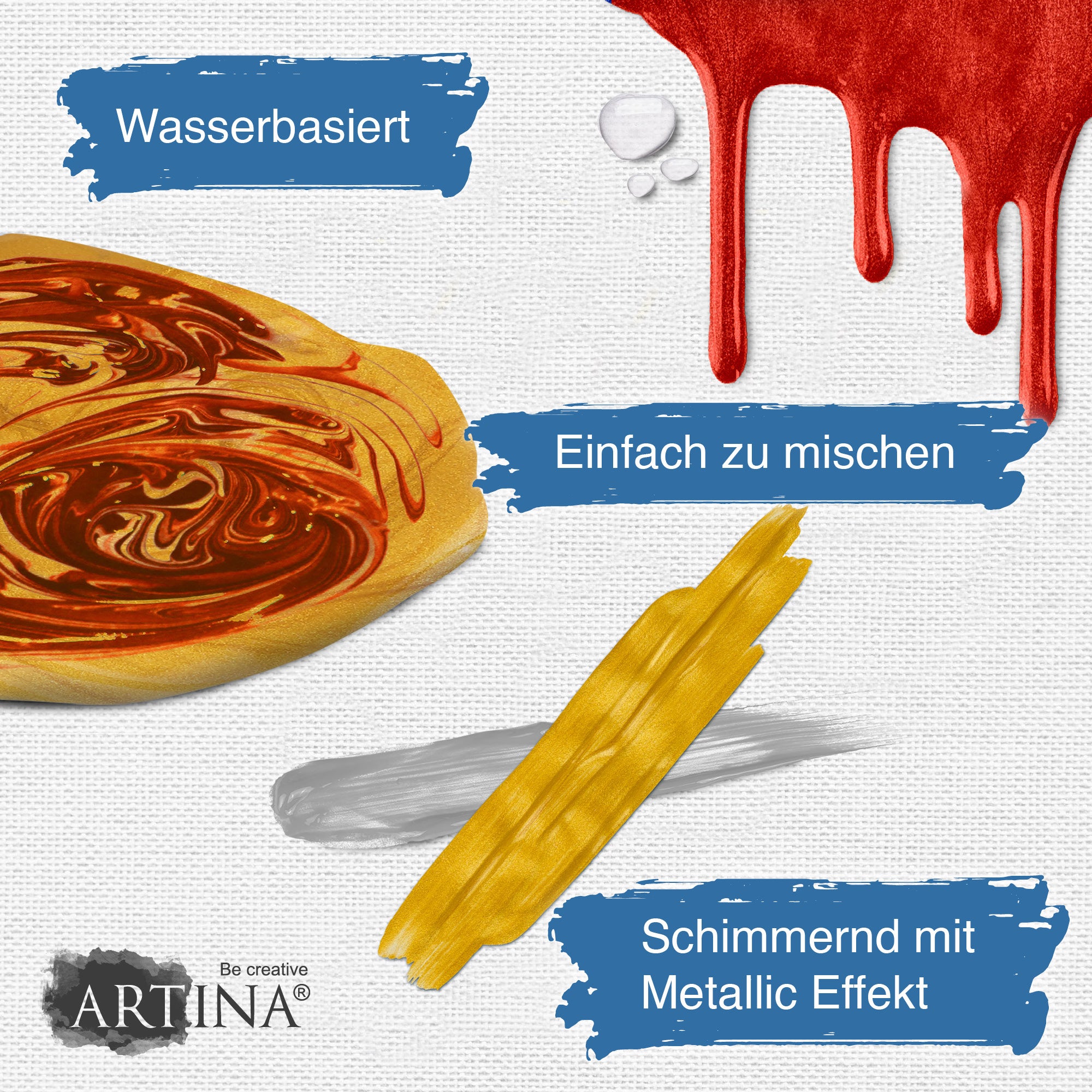 6er Set Artina Metallic Crylic Acrylfarben 6x75ml, 6x150ml Acryl Malfarbe