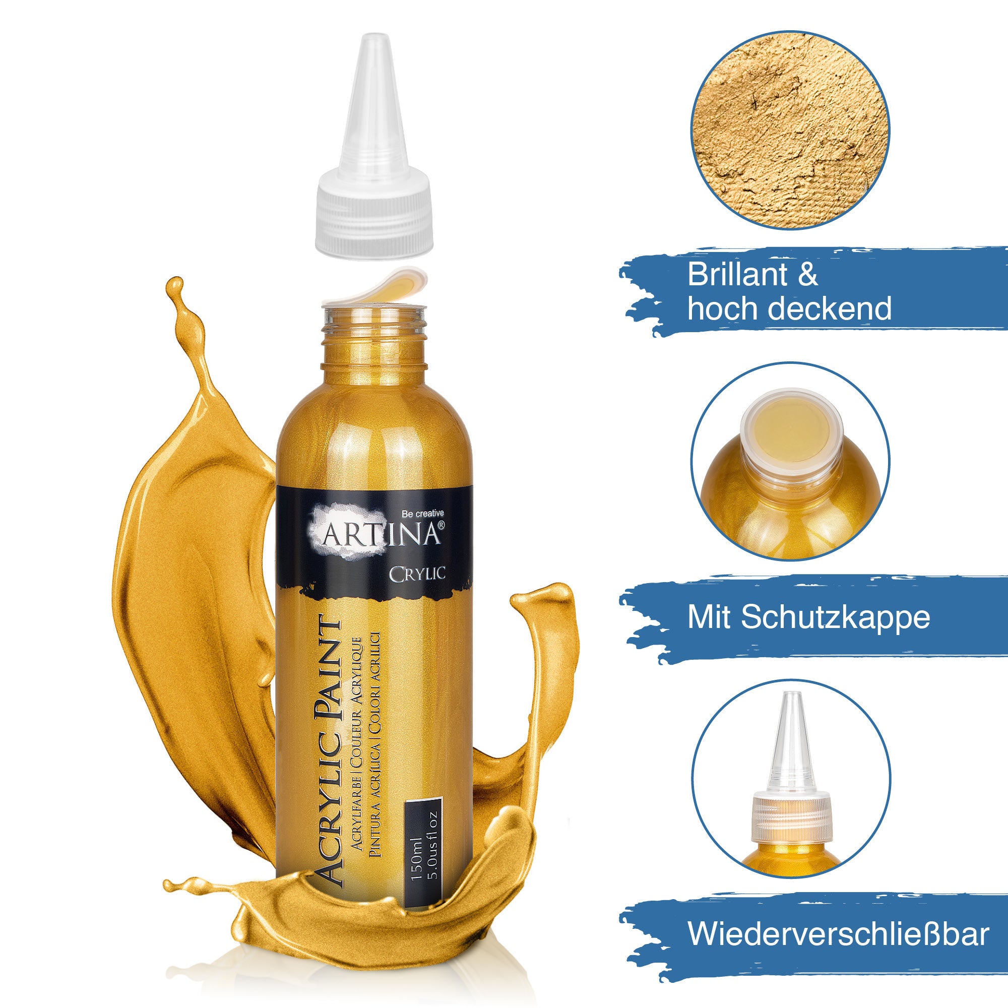 6er Set Artina Metallic Crylic Acrylfarben 6x75ml, 6x150ml Acryl Malfarbe