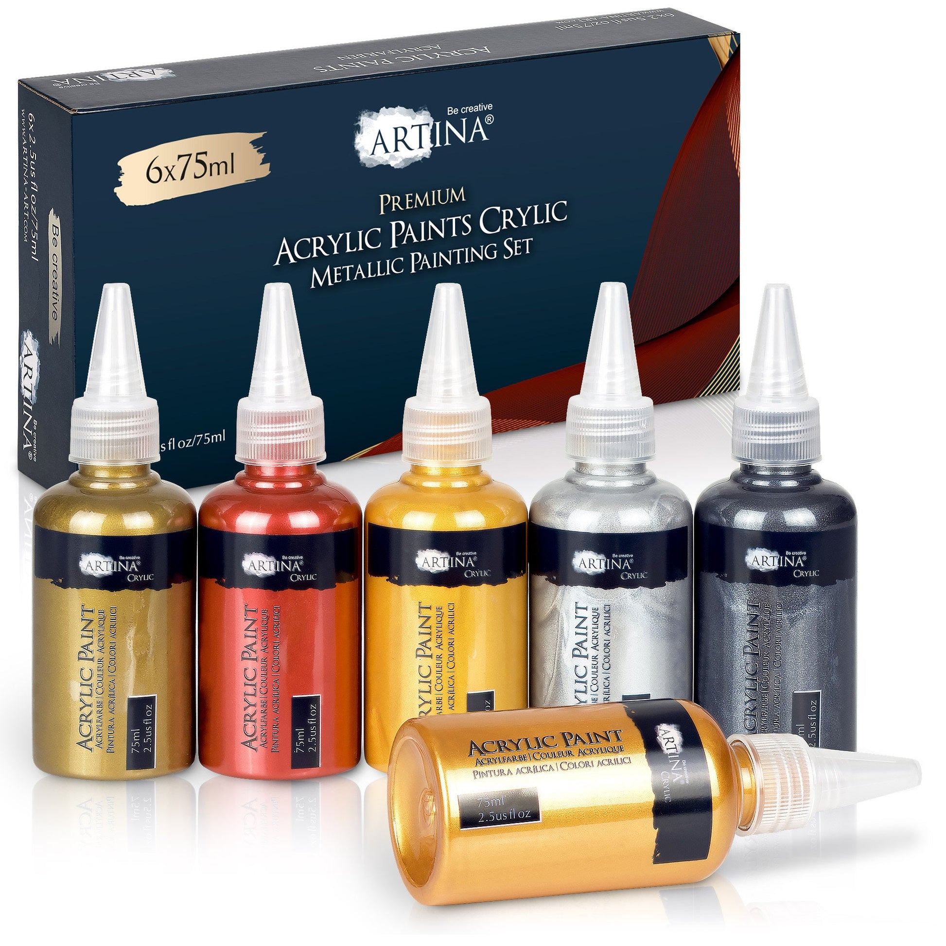 Artina Metallic Crylic acrylic paint set 6x75ml metallic gold silver and vibrant colors in squeezable bottles