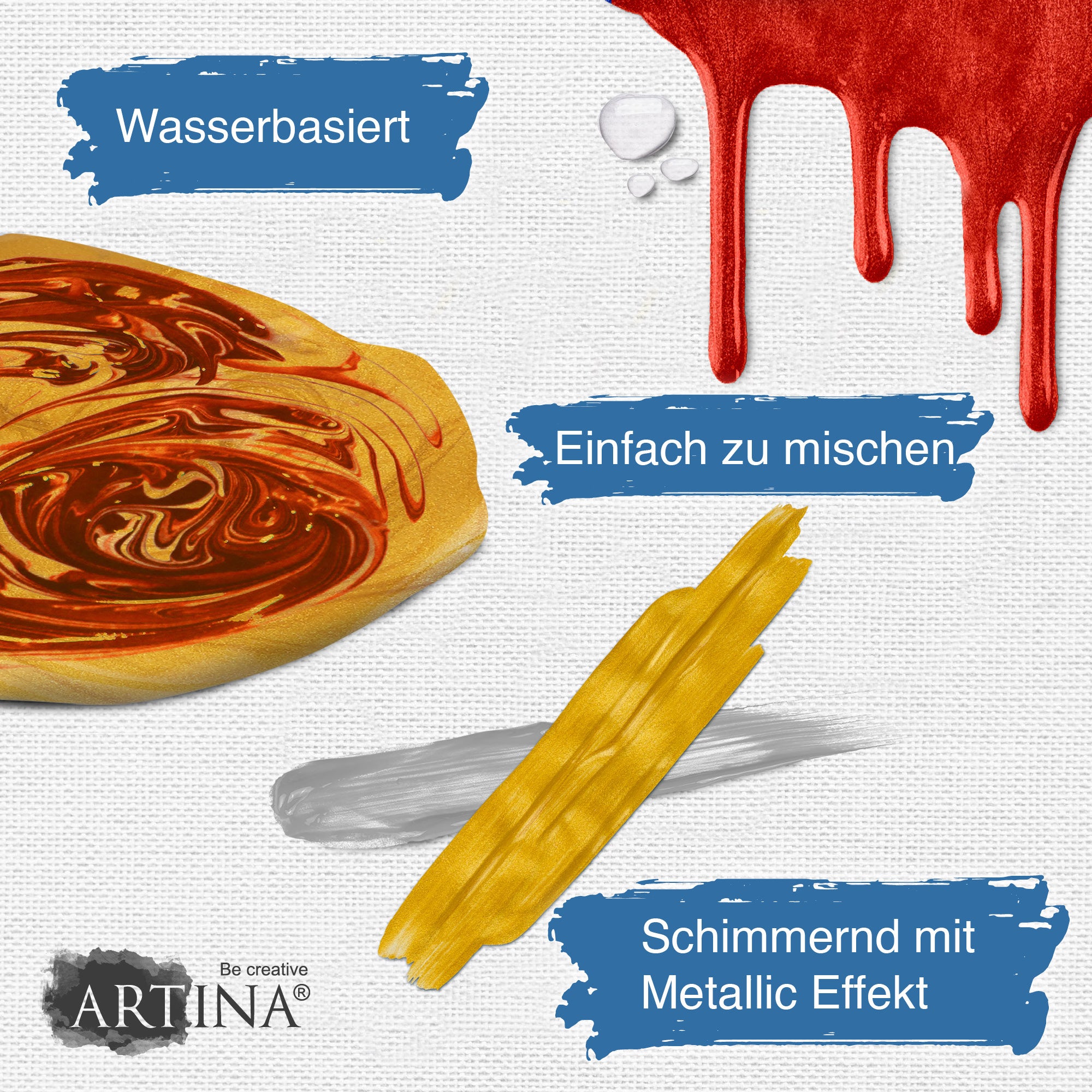 6er Set Artina Metallic Crylic Acrylfarben 6x75ml, 6x150ml Acryl Malfarbe