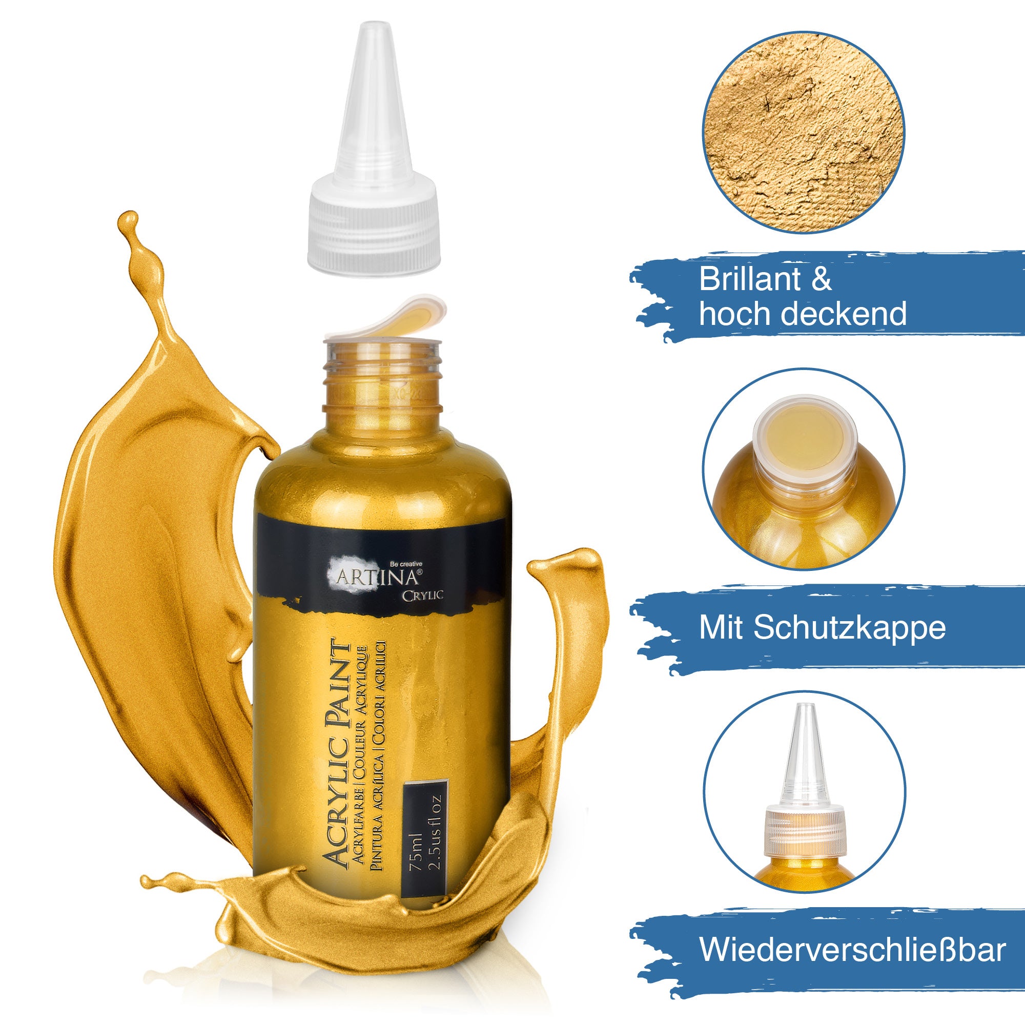 6er Set Artina Metallic Crylic Acrylfarben 6x75ml, 6x150ml Acryl Malfarbe