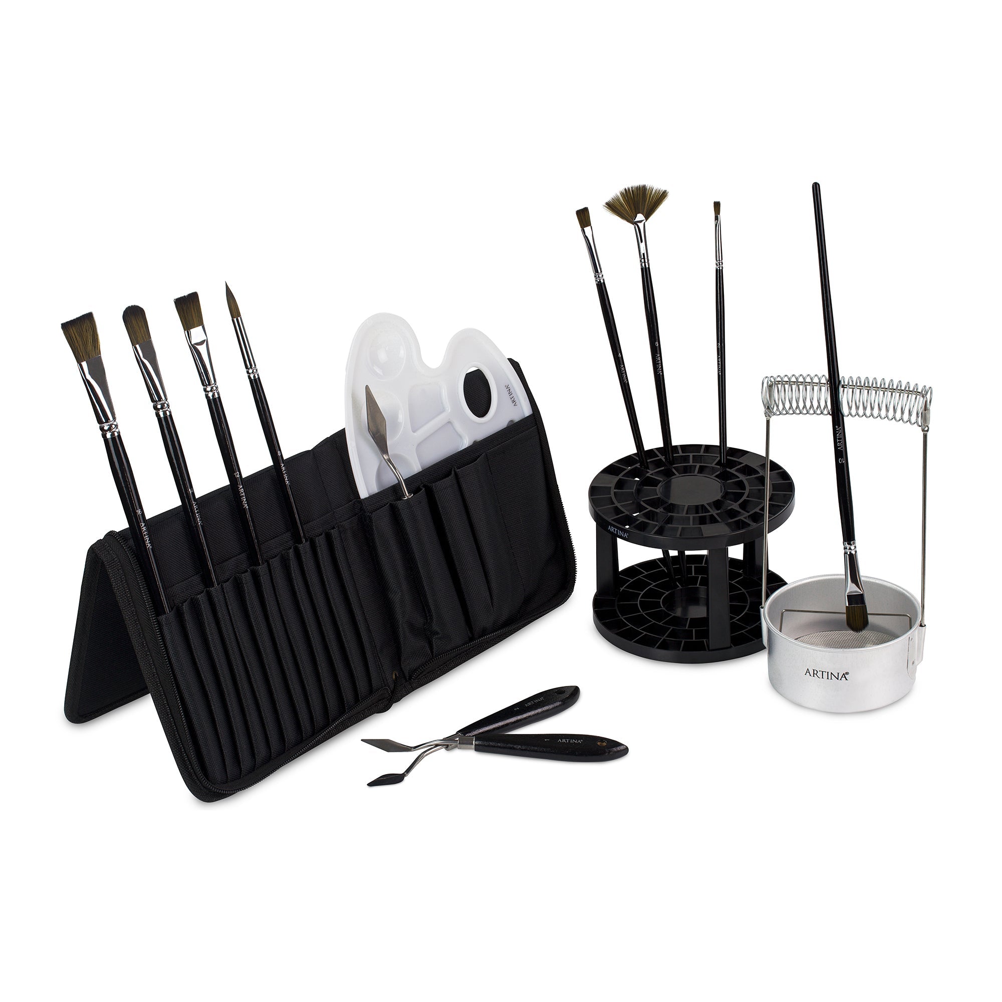 Artina Malset Elba mit 8 Pinseln, Malspachteln, Mischpalette, Tasche, Pinselhalter und Pinselwascher für verschiedene Maltechniken