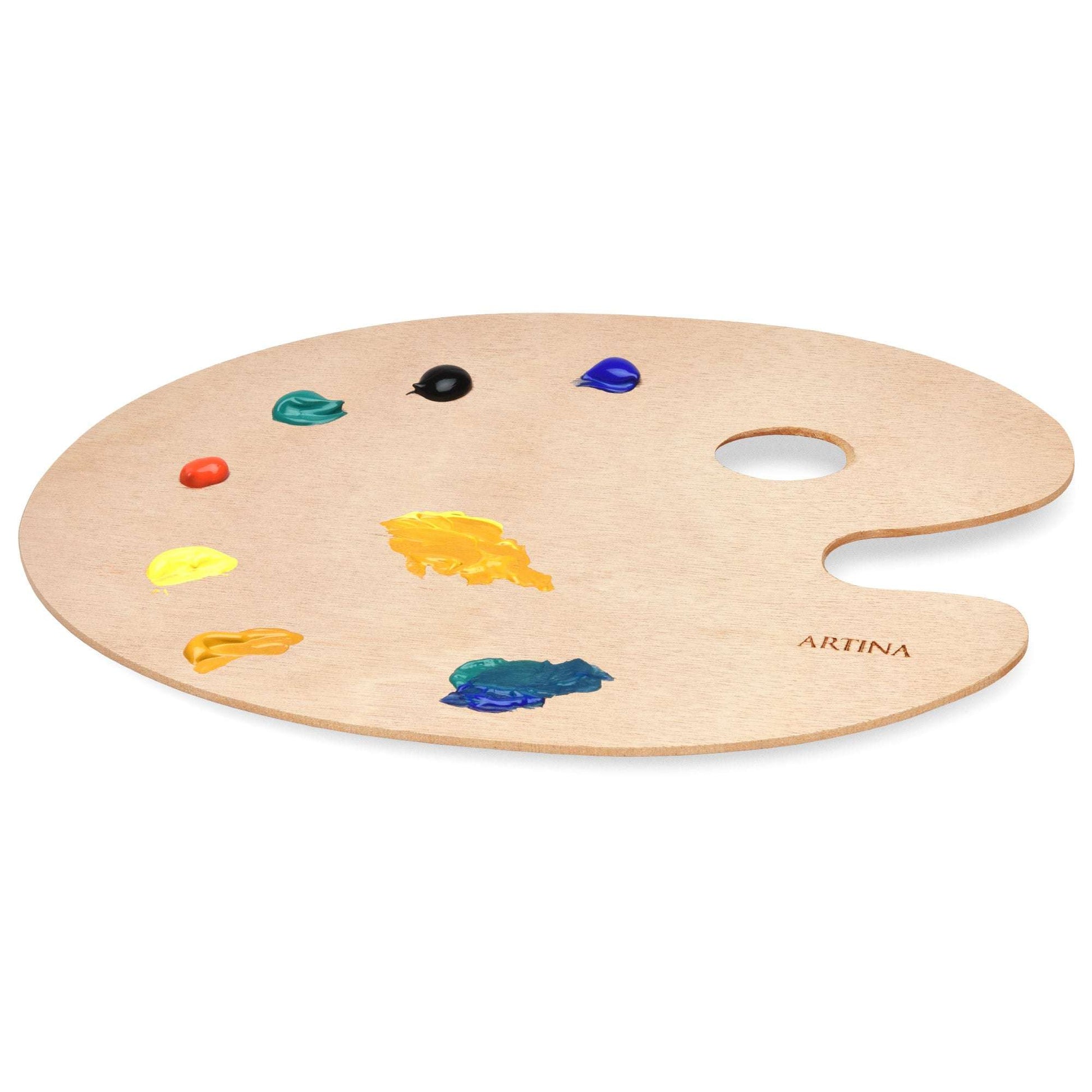 Artina Farbmischpalette oval aus Holz mit Daumeneingriff und Farbklecksen zum Mischen