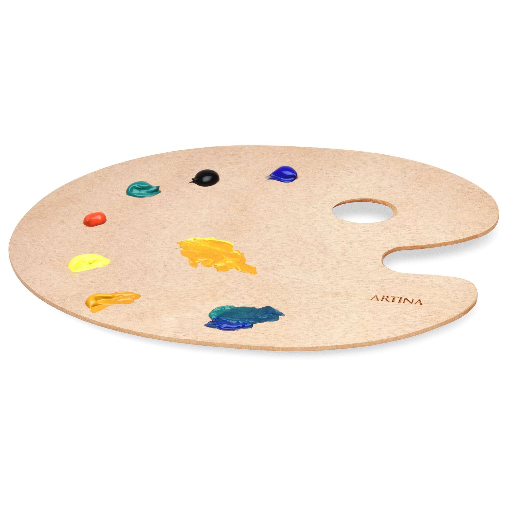 Artina Farbmischpalette oval aus Holz mit Daumeneingriff und Farbklecksen zum Mischen