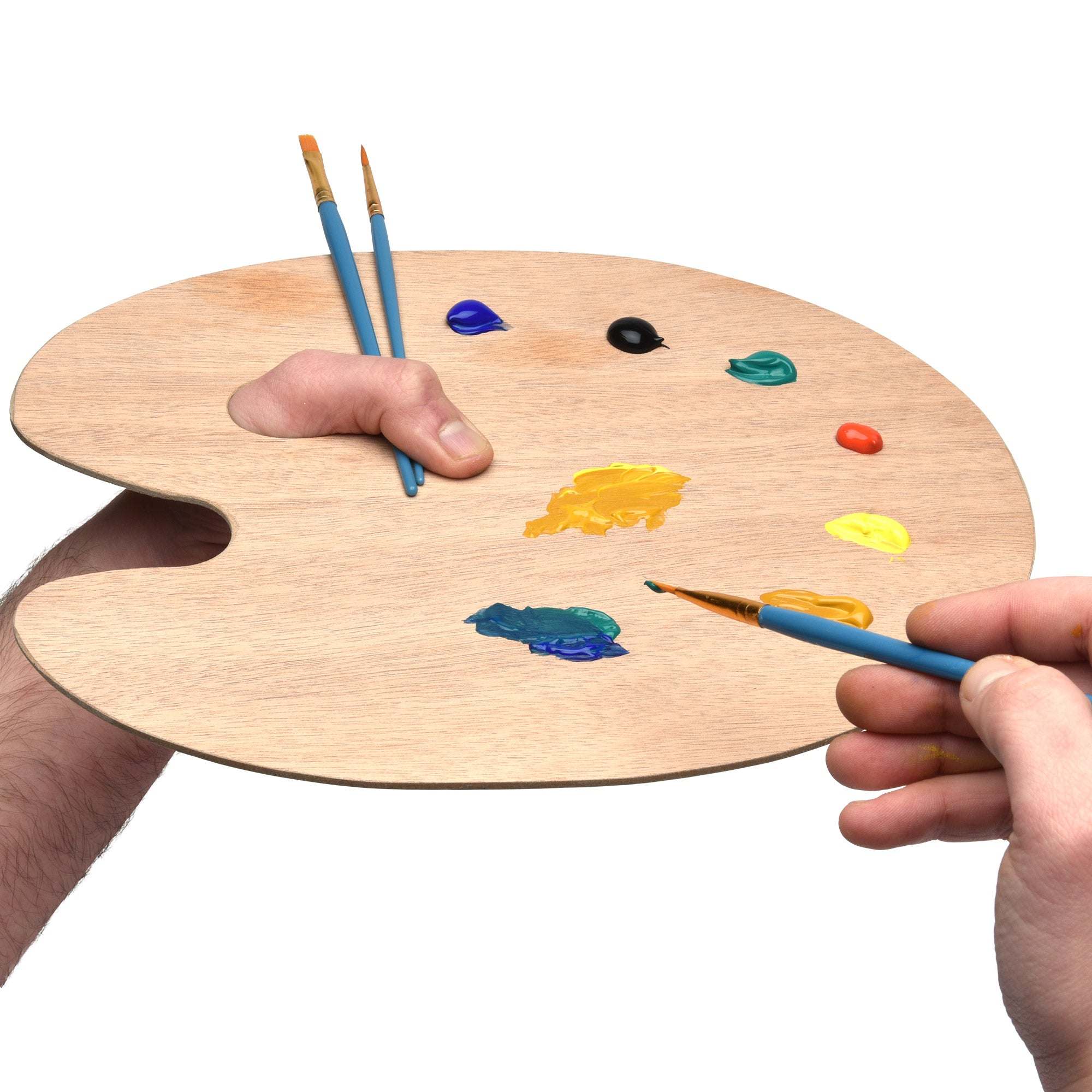 Artina Farbmischpalette aus massivem Holz mit Daumeneingriff und Farbtupfen