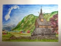 Landschaft mit Stabkirche, Aquarellzeichnung auf Aquarellpapier, 50 x 70cm.