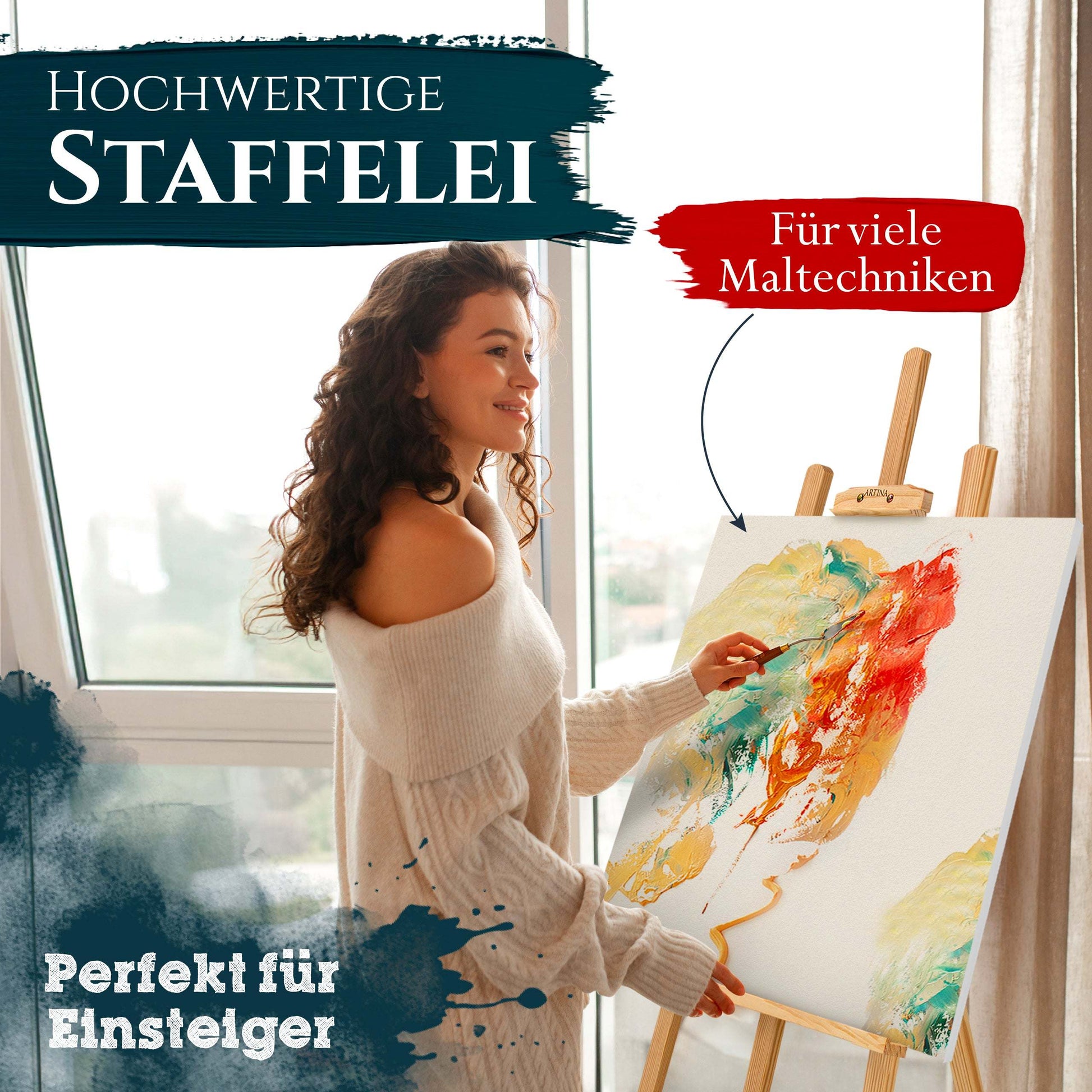 Frau malt auf Artina Holzstaffelei Tessin aus FSC-Kiefernholz, höhenverstellbar, stabil und vielseitig für Einsteiger