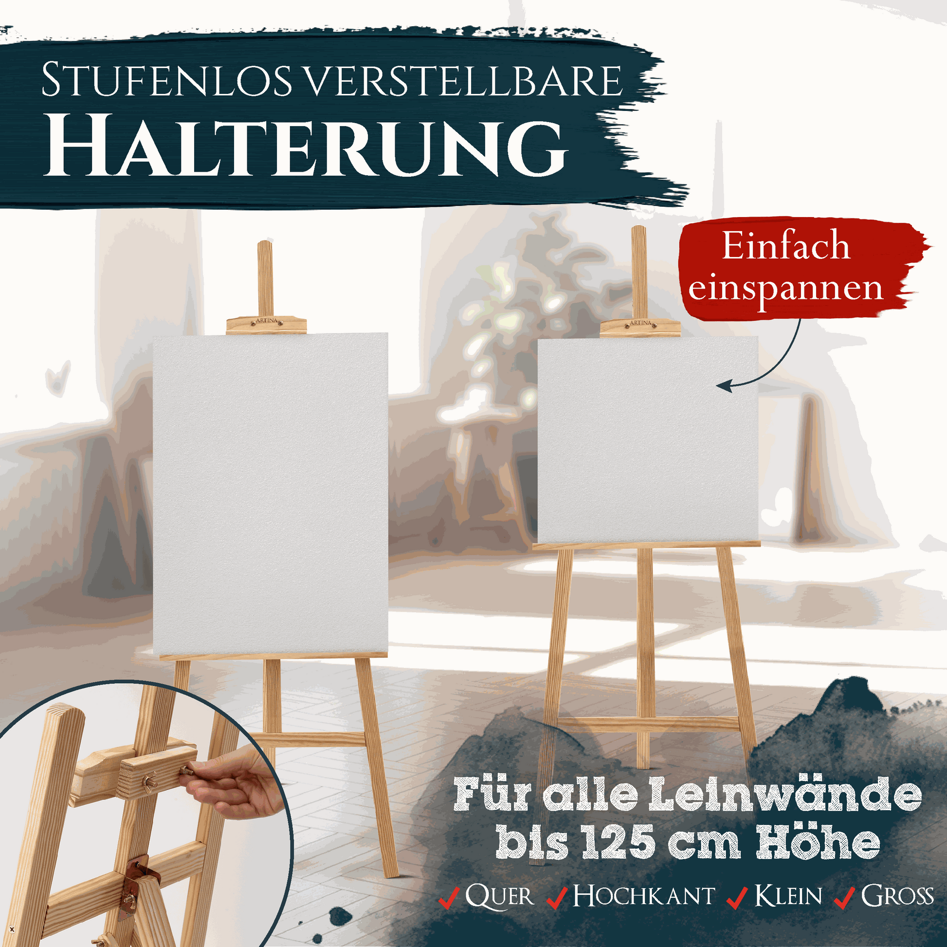 Holzstaffelei Tessin aus FSC® Kiefernholz, höhenverstellbar, für Leinwände bis 125 cm, stabil und vielseitig.