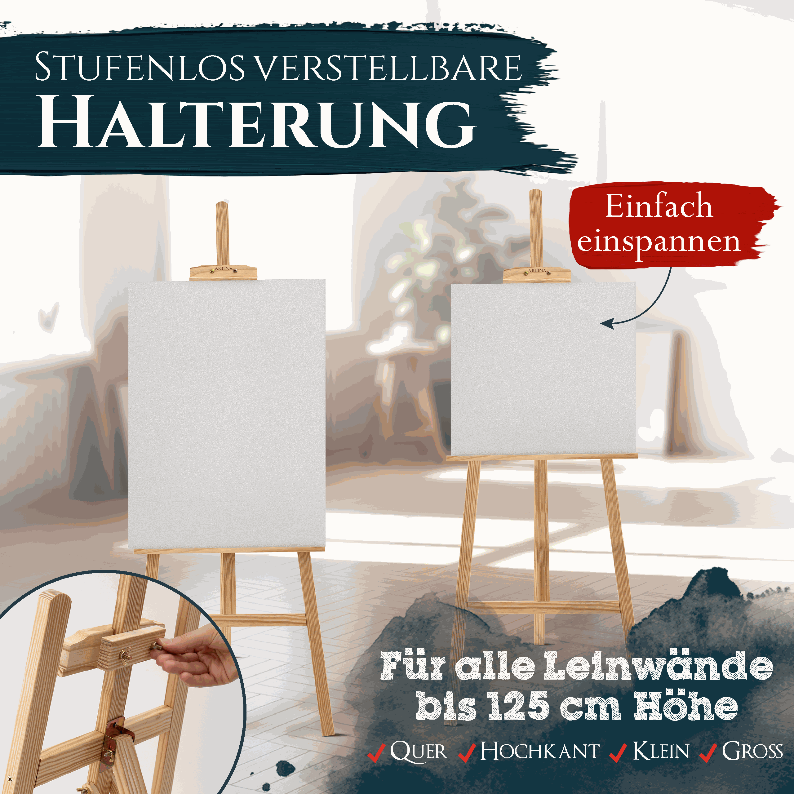 Holzstaffelei Tessin aus FSC® Kiefernholz, höhenverstellbar, für Leinwände bis 125 cm, stabil und vielseitig.