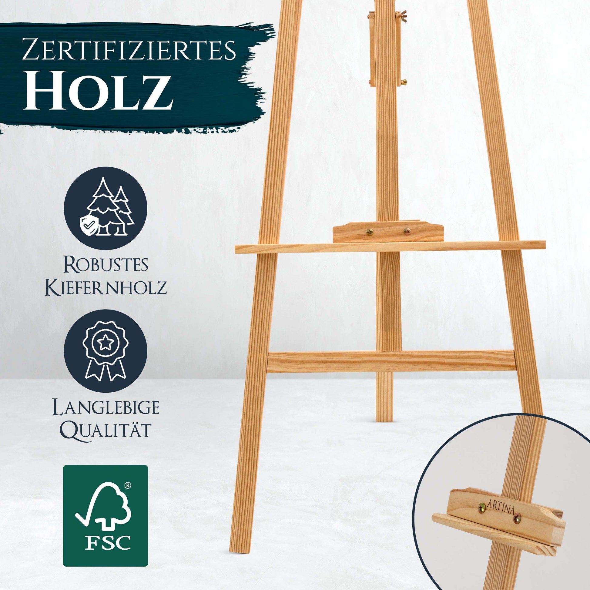 Holzstaffelei Tessin aus FSC-zertifiziertem Kiefernholz, höhenverstellbar, stabile Dreibein-Konstruktion, für Leinwände bis 125 cm, vielseitig nutzbar