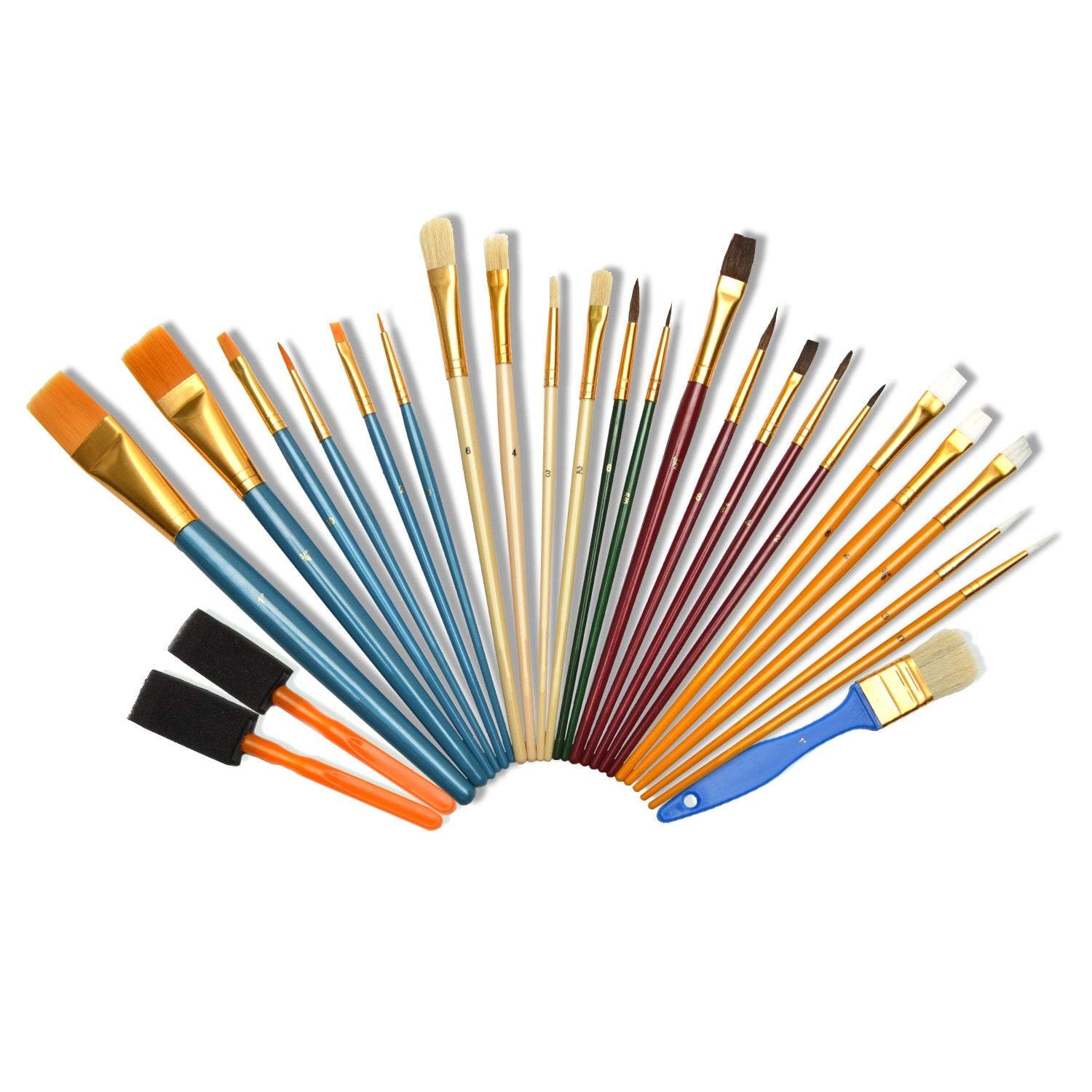 Artina 25er Pinsel Set mit verschiedenen Größen und Arten, geeignet für Acryl-, Aquarell- und Ölmalerei, inklusive Schaumstoff-, Flach- und Rundpinsel