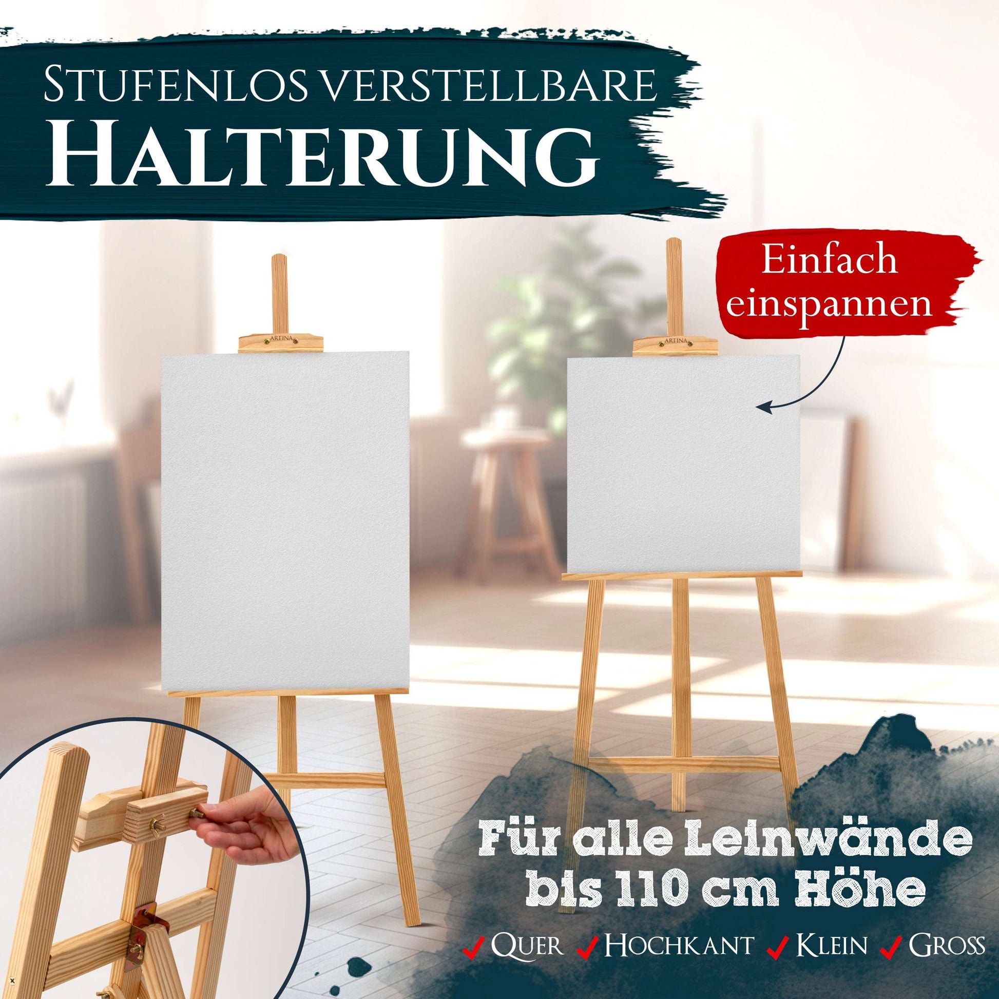 Holzstaffelei Tessin aus FSC-zertifiziertem Kiefernholz, höhenverstellbar, für Leinwände bis 110 cm, stabile Dreibein-Konstruktion