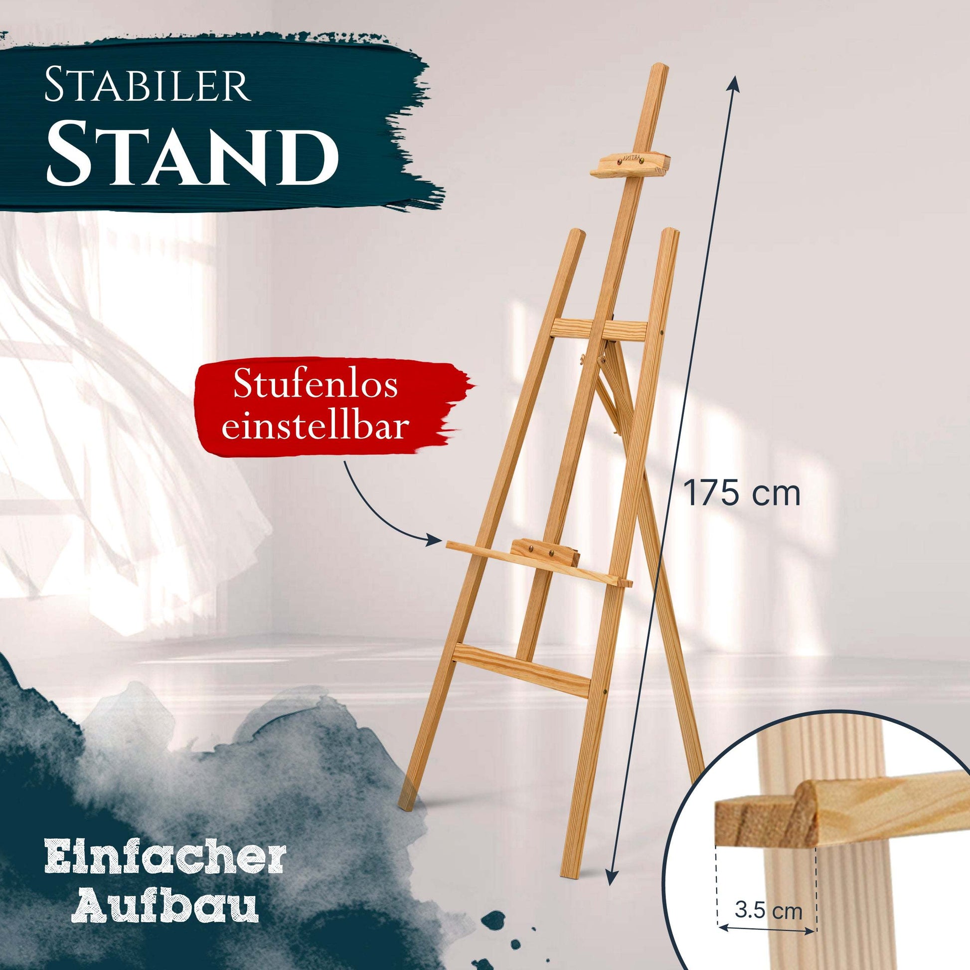 Artina Holzstaffelei Tessin aus FSC-zertifiziertem Kiefernholz, höhenverstellbar bis 175 cm, stabiler Dreibein-Stand, einfacher Aufbau, vielseitig einsetzbar für Malen und Präsentationen
