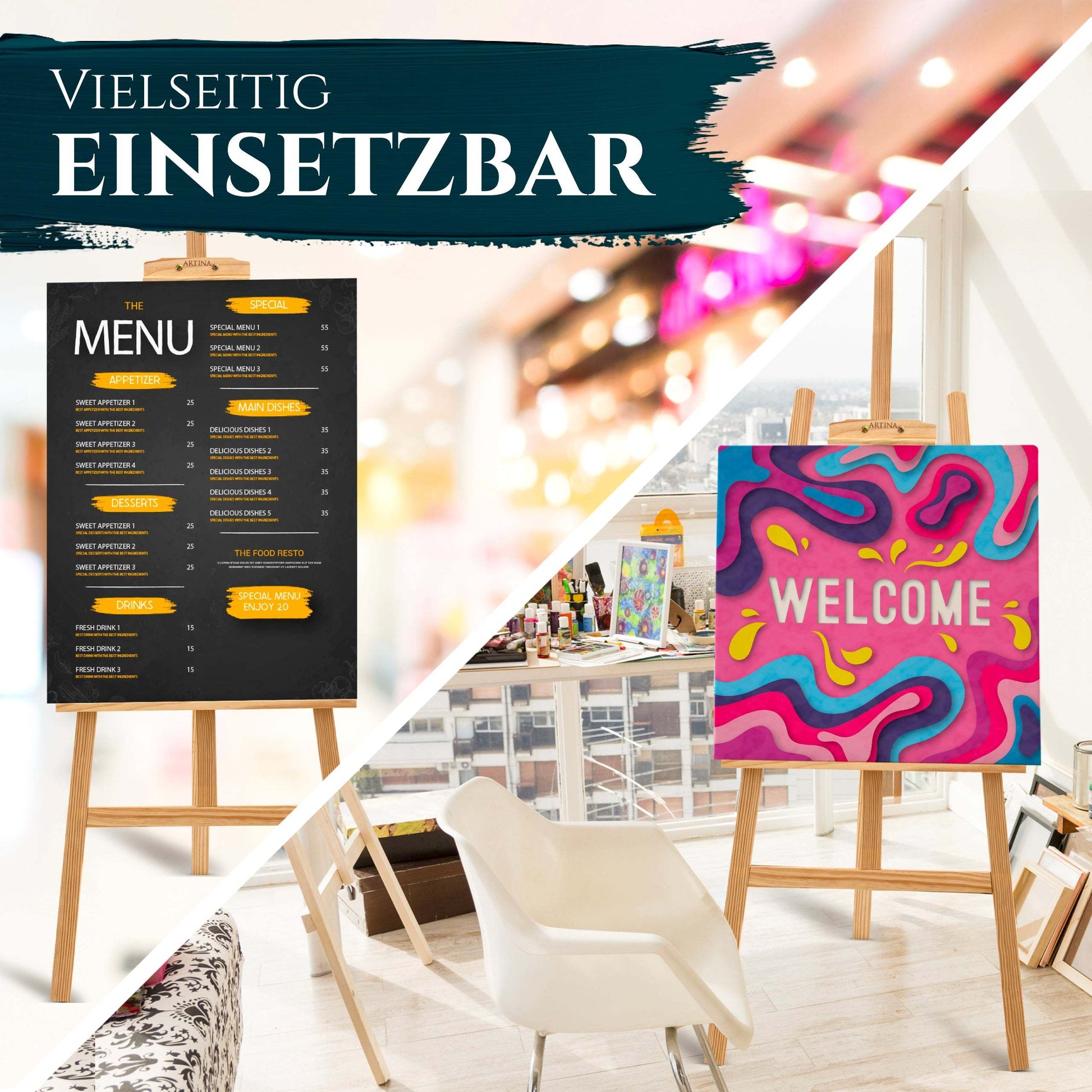 Holzstaffelei Tessin aus FSC-zertifiziertem Kiefernholz, höhenverstellbar, vielseitig einsetzbar als Malstaffelei oder Präsentationsständer