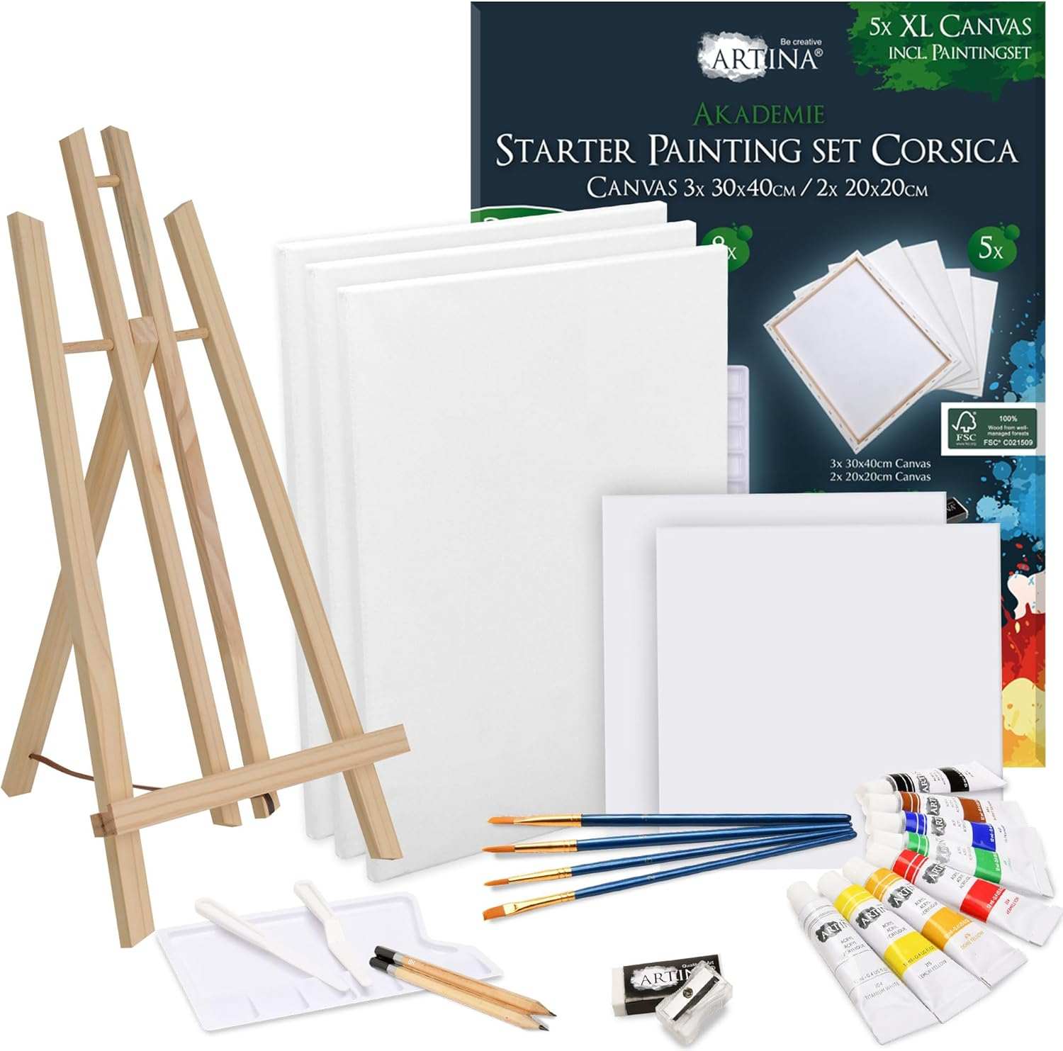Artina Malset Corsica 25-piece acrylic painting set with table easel, canvases, brushes, and vibrant acrylic colors