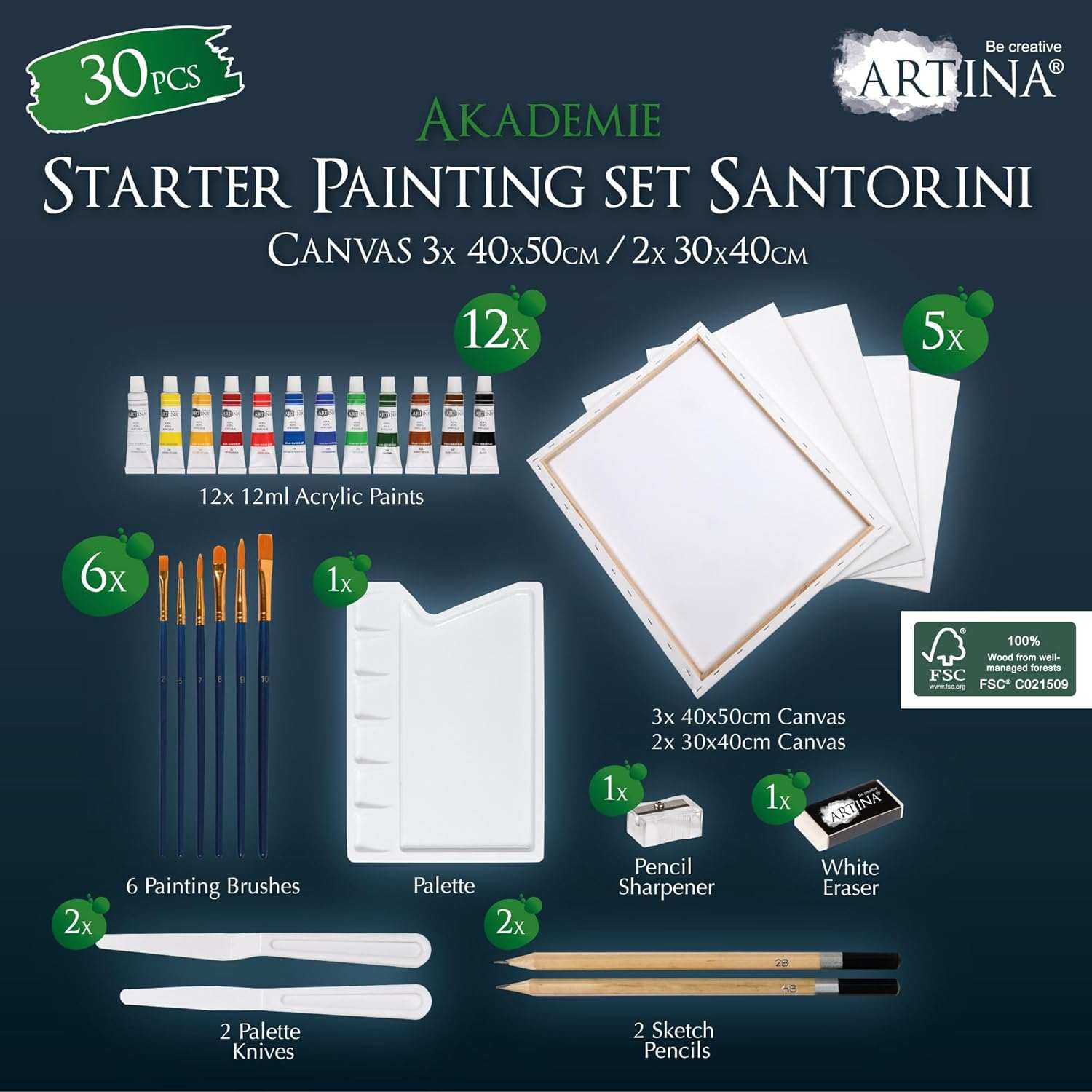 Artina Künstler Acrylfarben Malset Santorini mit Buchenholz Staffelei und 30 Teilen Malzubehör