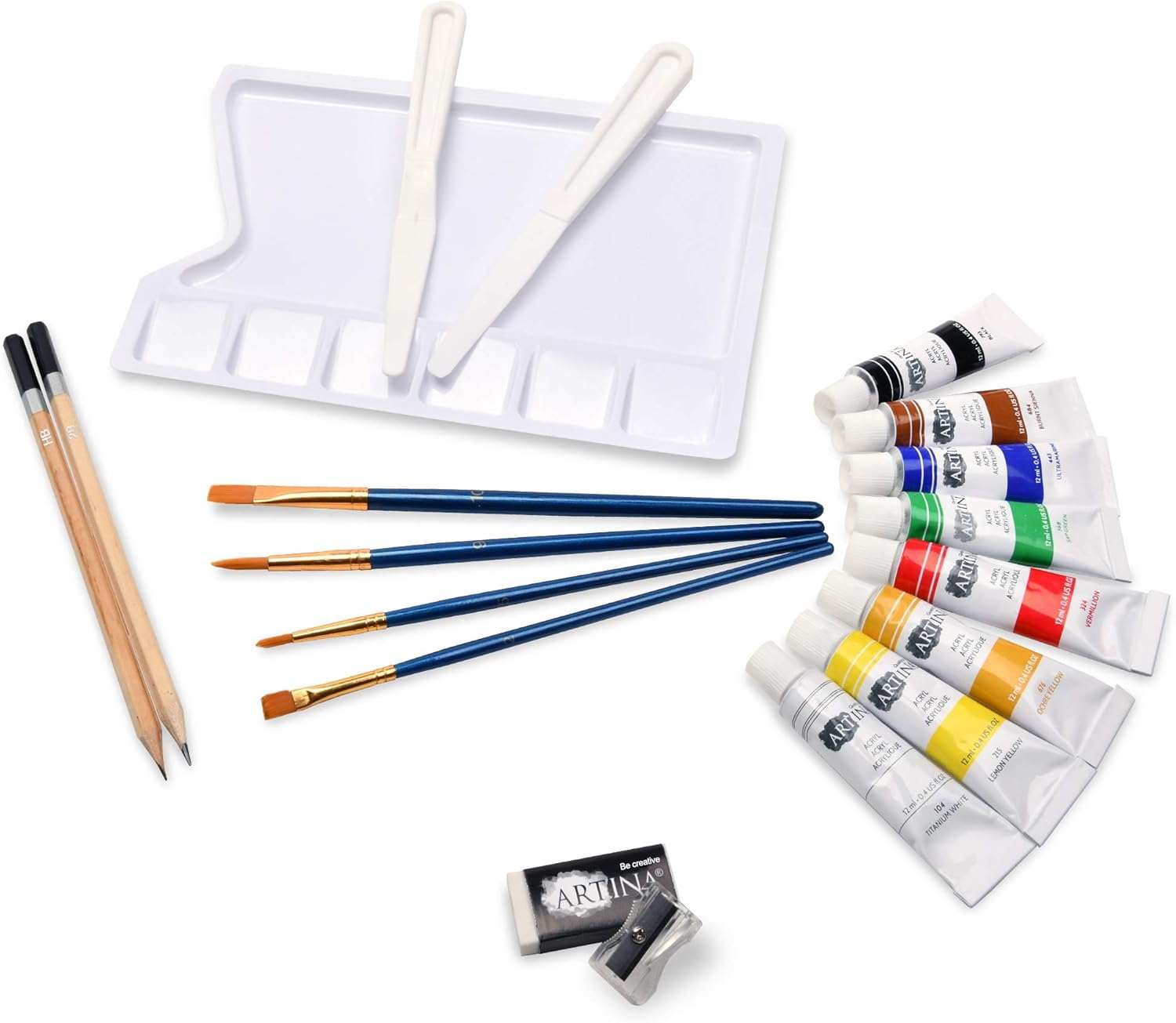 Artina 25tlg. Künstler Acrylfarben Set mit Pinseln, Spachteln, Palette und Zeichenstiften für Einsteiger
