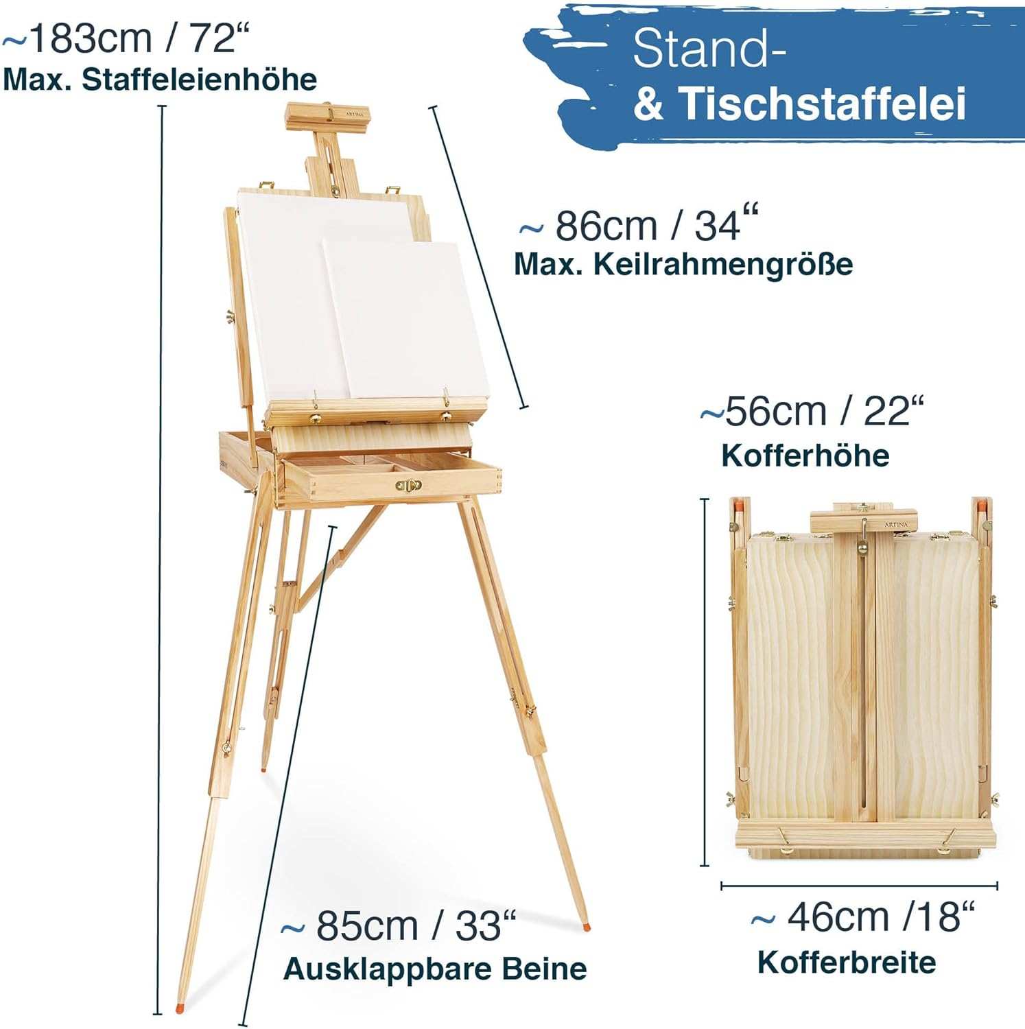 Kofferstaffelei Madrid aus Kiefernholz mit Leinwänden, Acrylfarben und Pinselset für Künstler