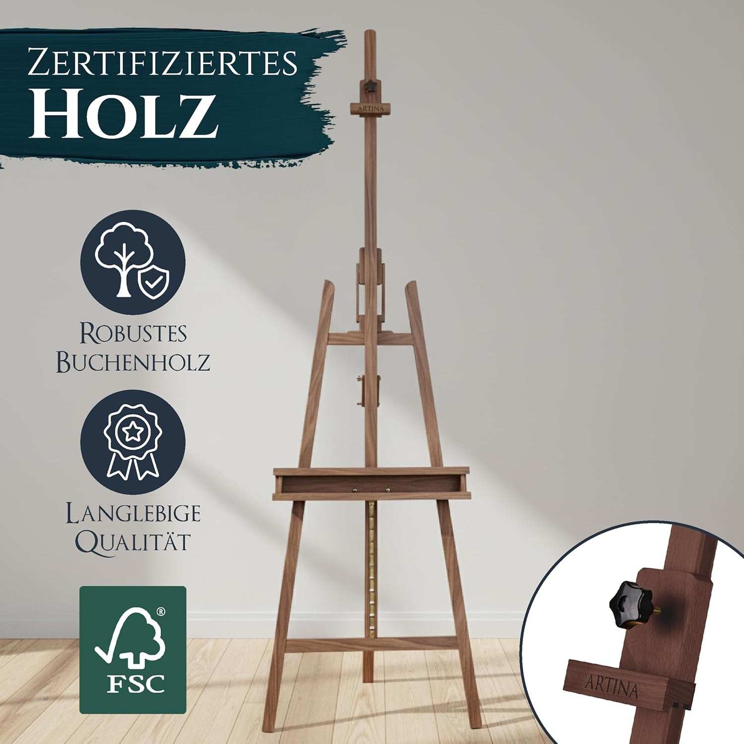 Künstler Acrylfarben Malset mit höhenverstellbarer Buchenholzstaffelei in Nussbaumoptik, robust und FSC-zertifiziert.
