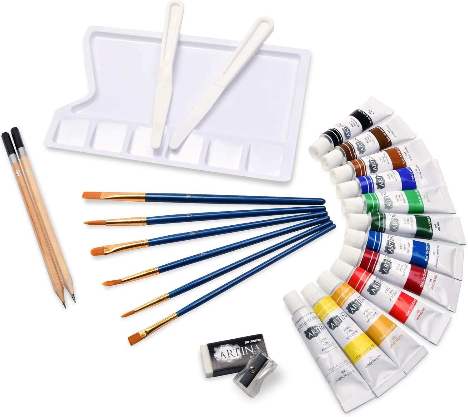 Künstler Acrylfarben Malset mit 12 Acrylfarben, Pinseln, Palette und Zeichenstiften für Einsteiger und Hobbykünstler