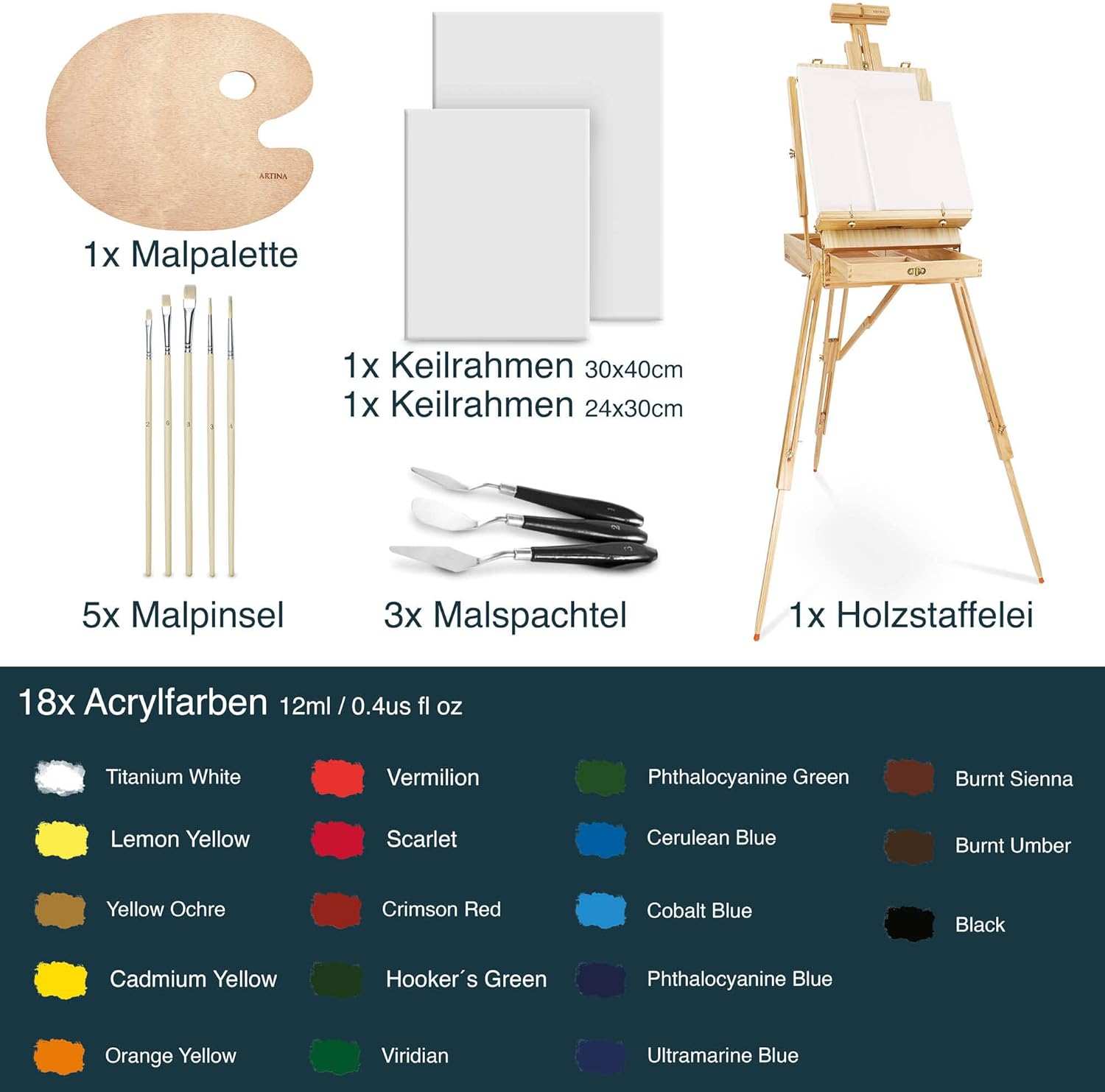 Artina Kofferstaffelei Madrid Malset mit Acrylfarben, Leinwänden, Pinseln und Holzpalette, Kiefernholz, tragbar, vielseitig für Anfänger und Profis