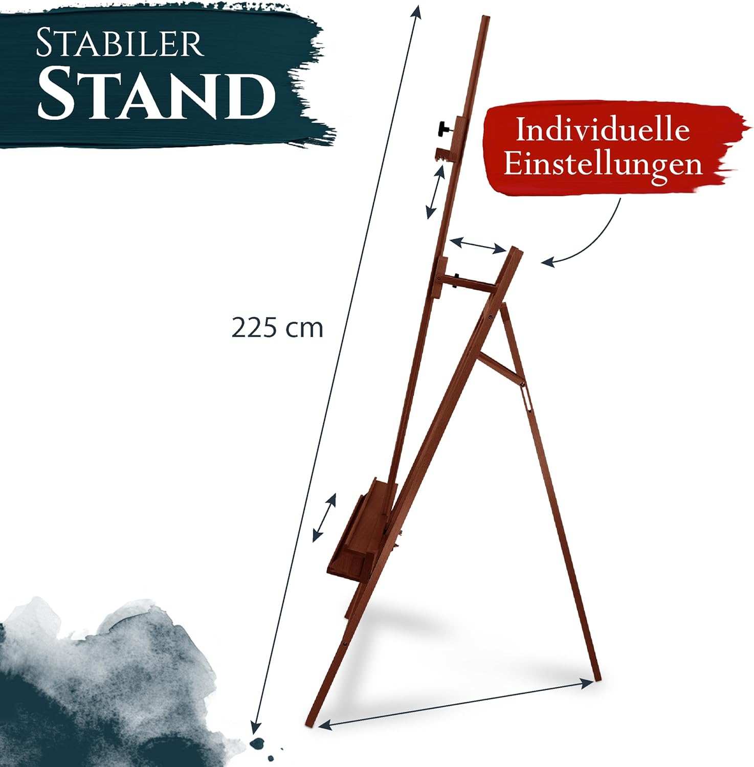 Höhenverstellbare Buchenholzstaffelei in Nussbaum-Optik für Künstler Acrylfarben Malset mit stabilem dreibeinigem Stand und individueller Neigungseinstellung