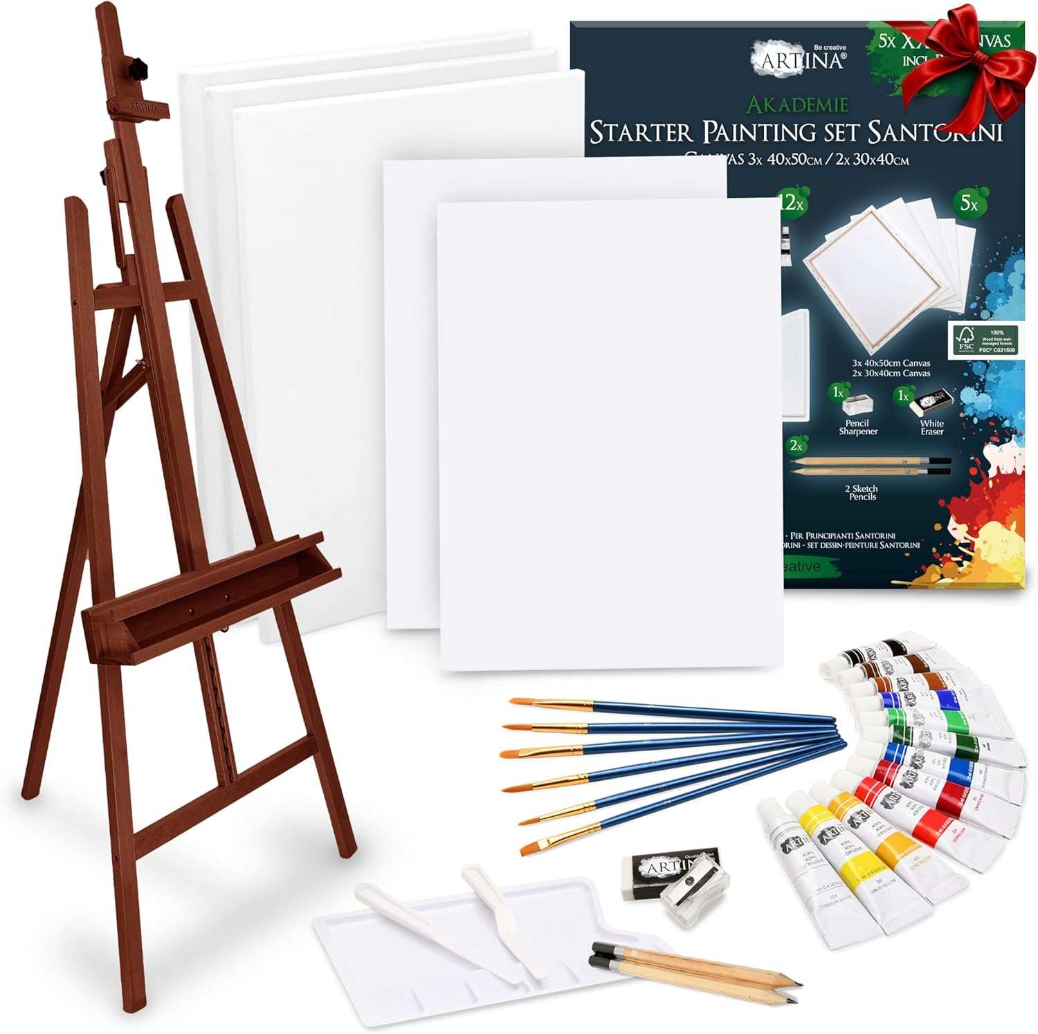 Künstler Acrylfarben Malset mit 31 Teilen, Buchenholz Staffelei, Acrylfarben, Keilrahmen, Pinseln und Palette in Nussbaum-Optik