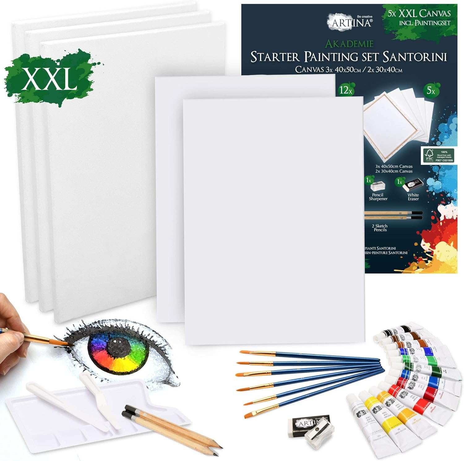 Künstler Acrylfarben Malset Santorini mit 12 Acrylfarben, 5 Leinwänden, Pinseln und Buchenholzstaffelei in Nussbaumoptik