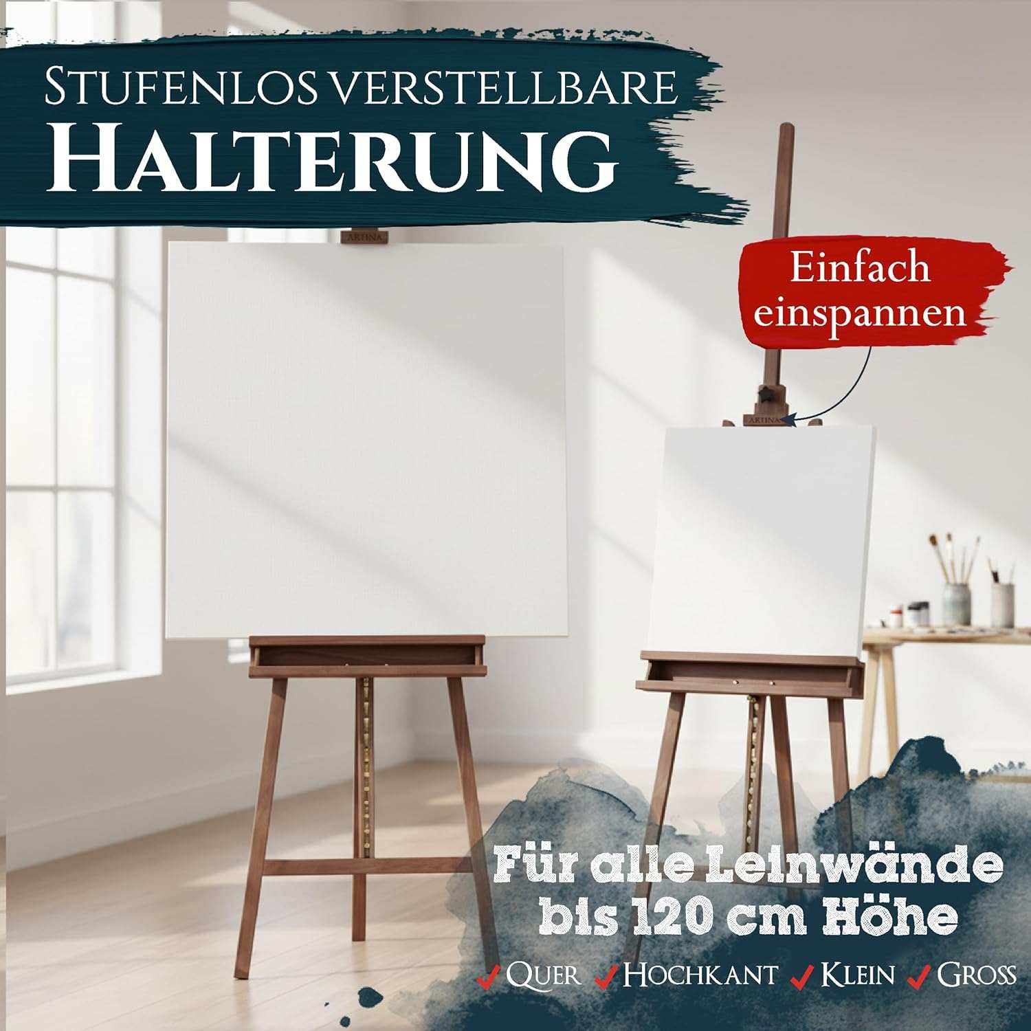 Artina Künstler Acrylfarben Malset mit höhenverstellbarer Buchenholz Staffelei und 12 Acrylfarben für Leinwände bis 120 cm