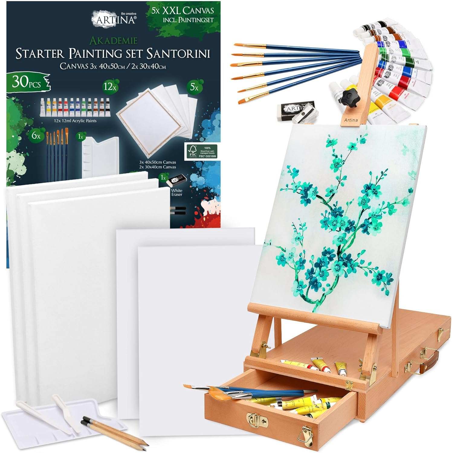 Artina Malset Santorini 30-piece acrylic painting set with wooden portable easel, canvas, brushes, and accessories
