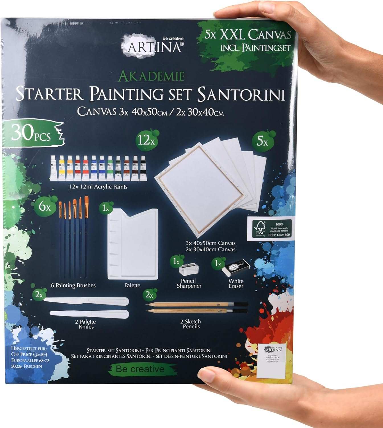 Artina 31-piece Künstler Acrylfarben Malset Santorini with 12 acrylic paints, 5 canvas frames, brushes, palette, and pencils in a black packaging box