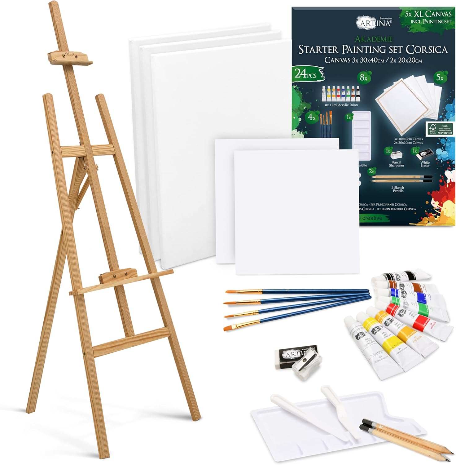 Artina 25-piece artist acrylic paint set with adjustable wooden easel and canvases for beginner painters