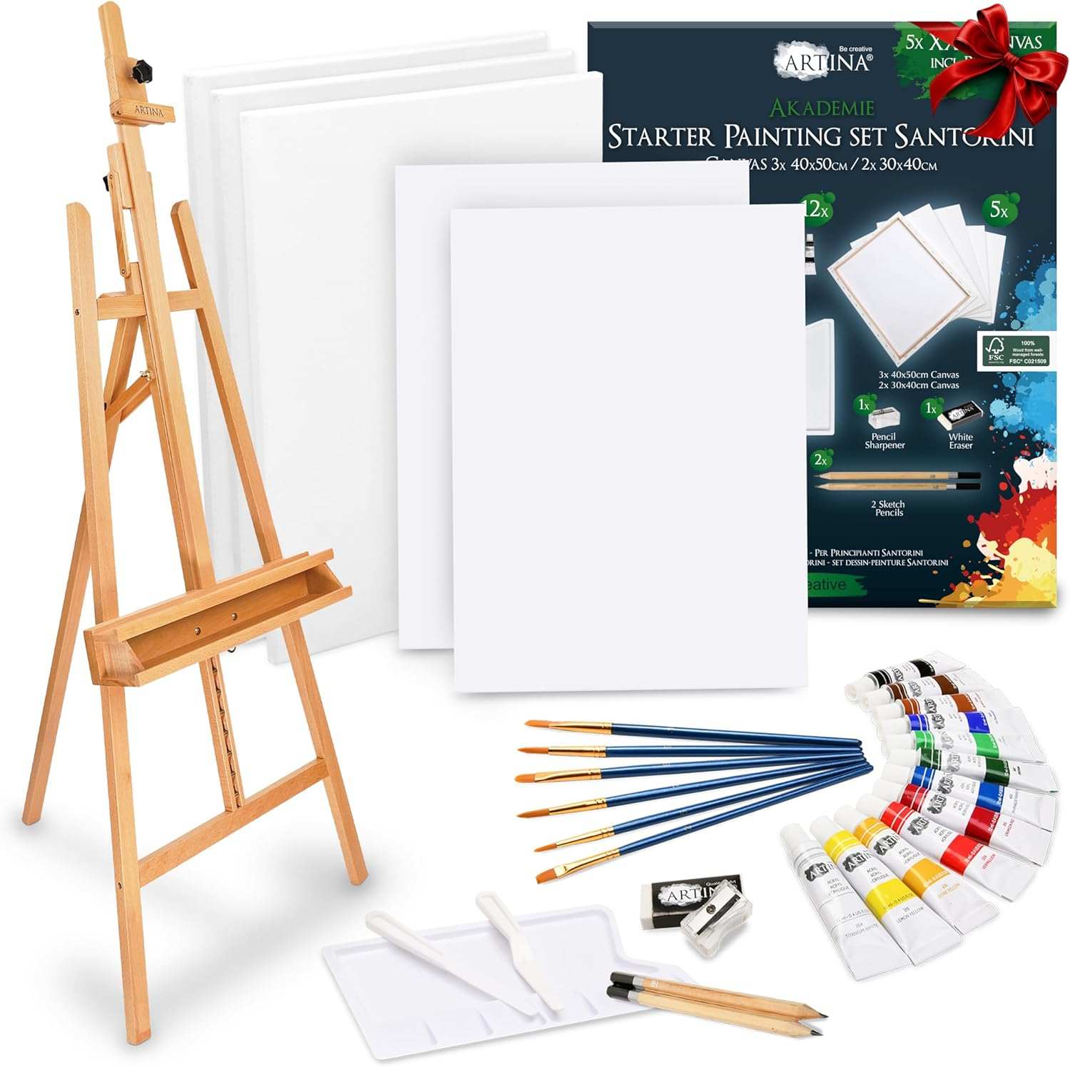 Artina 31tlg. Künstler Acrylfarben Set mit Buchenholz Staffelei, 12 Acrylfarben, Keilrahmen, Pinseln und Malutensilien für Einsteiger