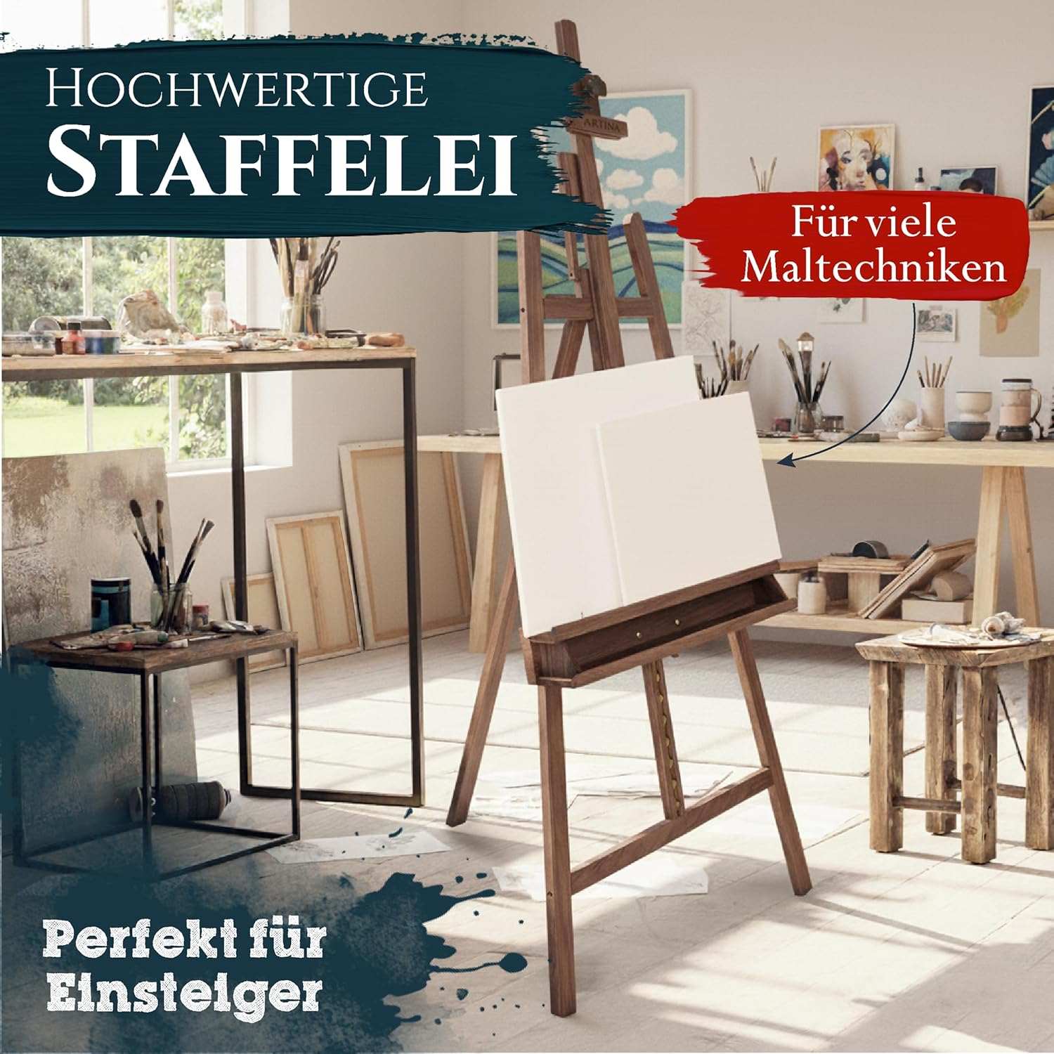 Artina 31-piece Künstler Acrylfarben Malset with adjustable Buchenholz staffelei in elegant walnut finish for versatile painting techniques and beginners