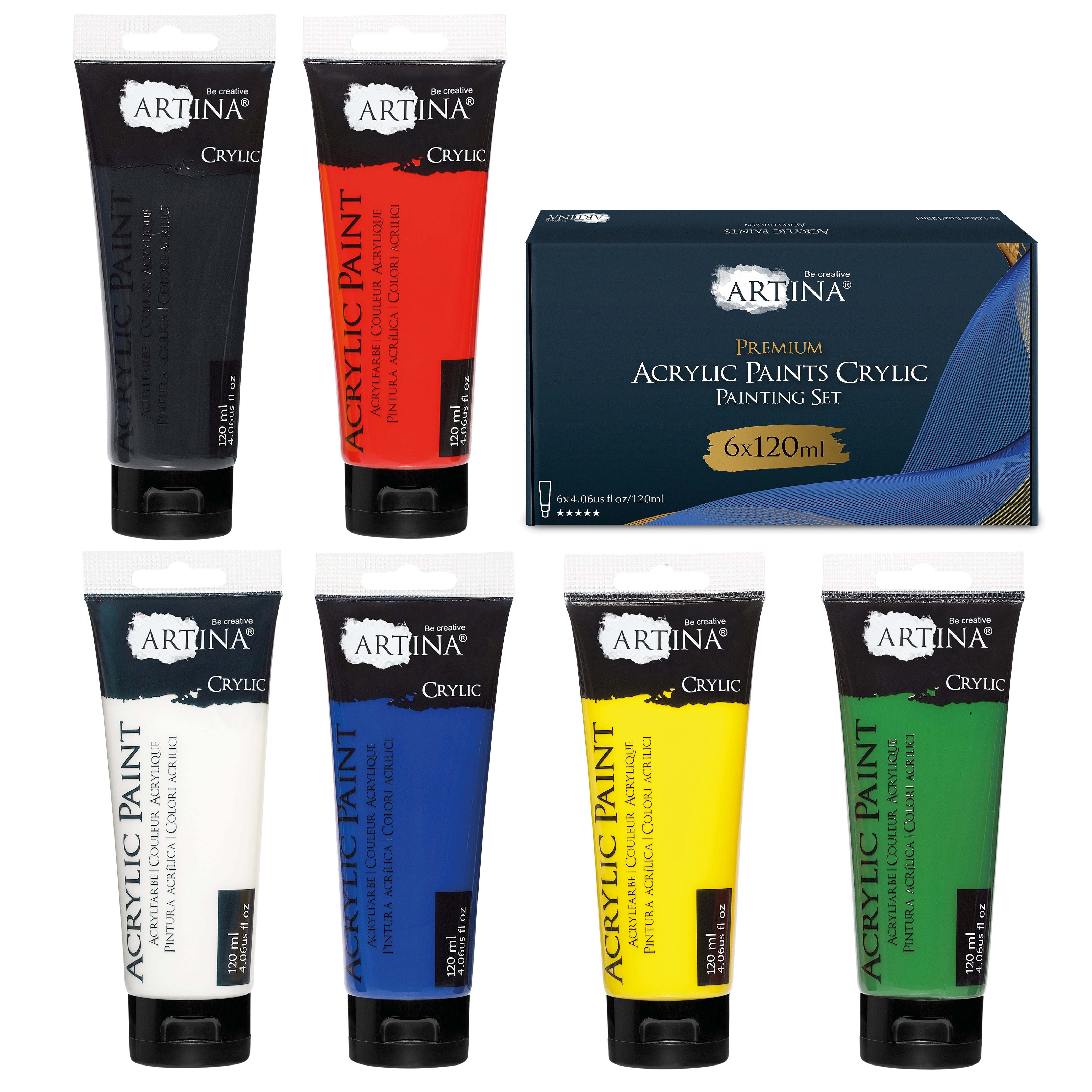 Set of 6 Artina Crylic acrylic paint tubes 120ml with vibrant, fast-drying, water-resistant colors including white, yellow, green, red, blue, and black