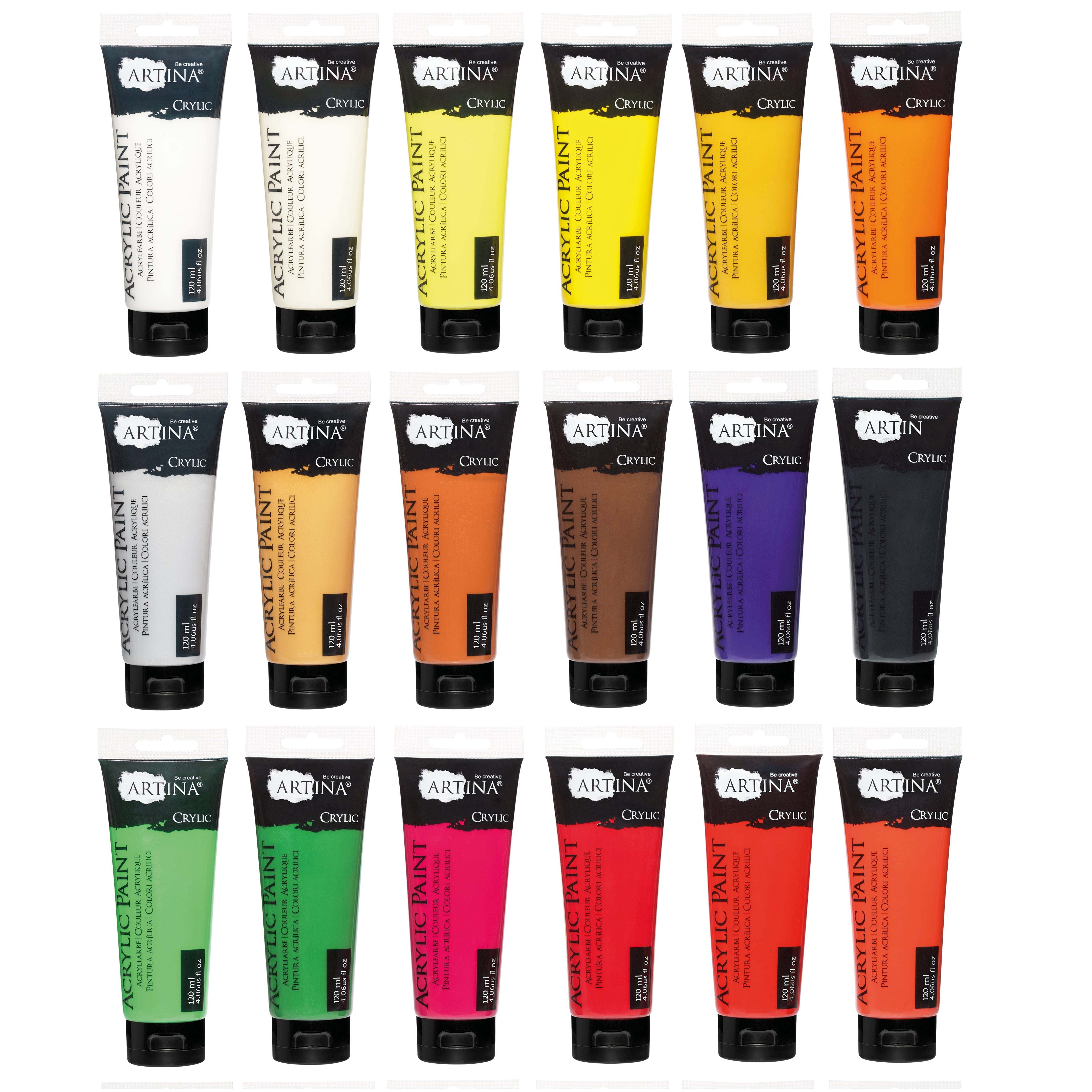 Set von 24 Tuben Artina Crylic Acrylfarben je 120ml in verschiedenen kräftigen Farben, schnell trocknend und lichtecht