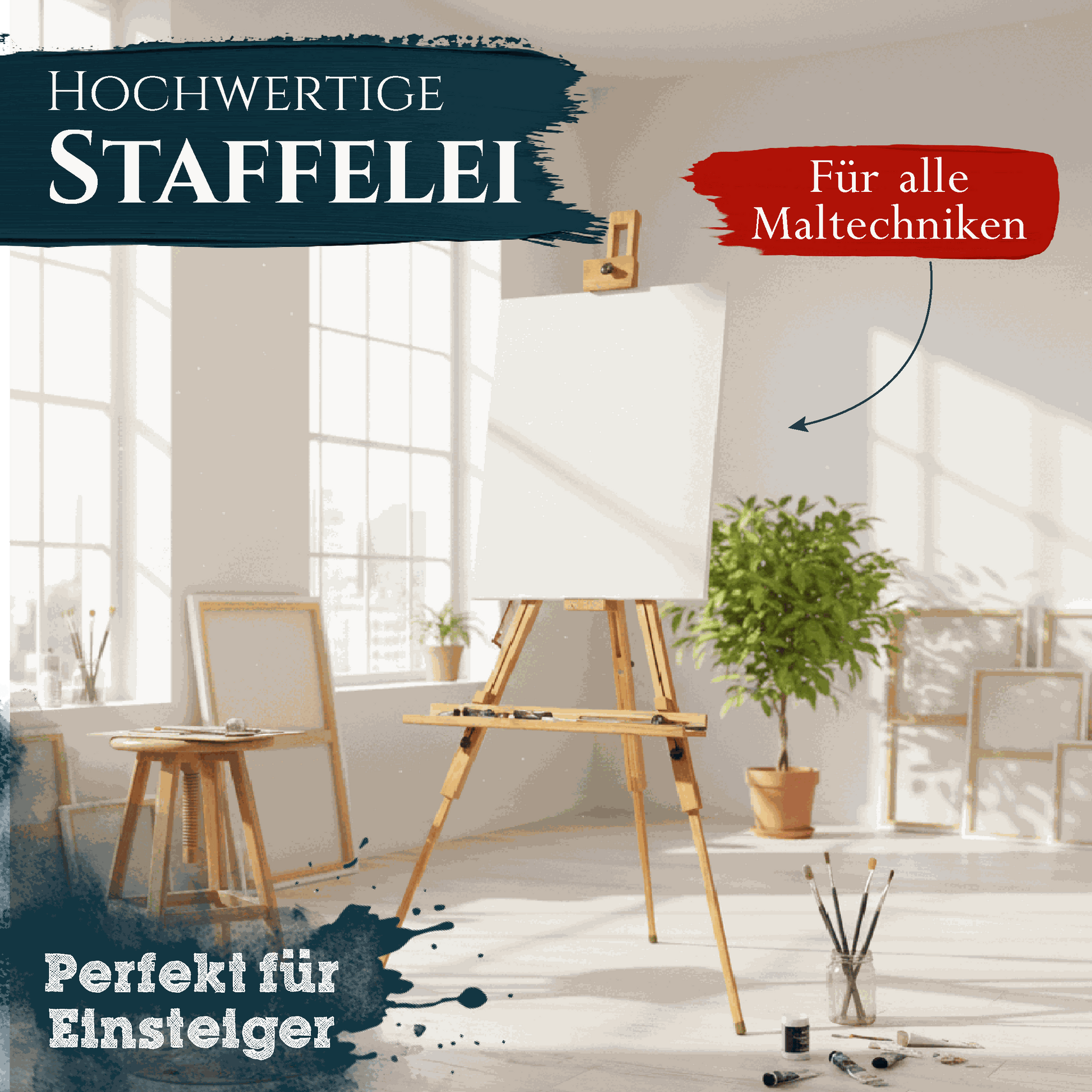 Feldstaffelei Saint-Tropez aus massivem Buchenholz, höhenverstellbar, ideal für Leinwände bis 80 cm, leicht und stabil, für alle Maltechniken geeignet.