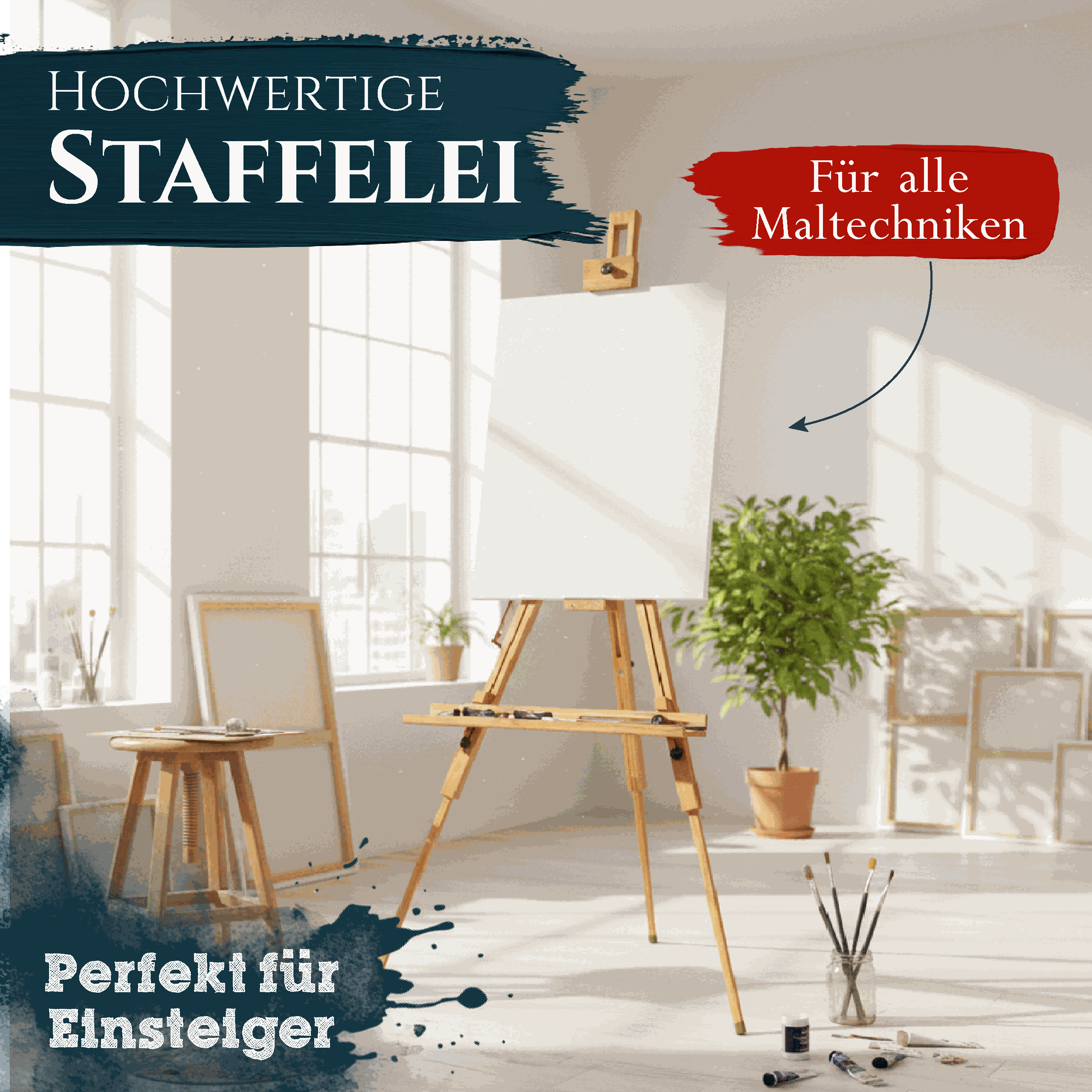 Feldstaffelei Saint-Tropez aus massivem Buchenholz, höhenverstellbar, ideal für Leinwände bis 80 cm, leicht und stabil, für alle Maltechniken geeignet.