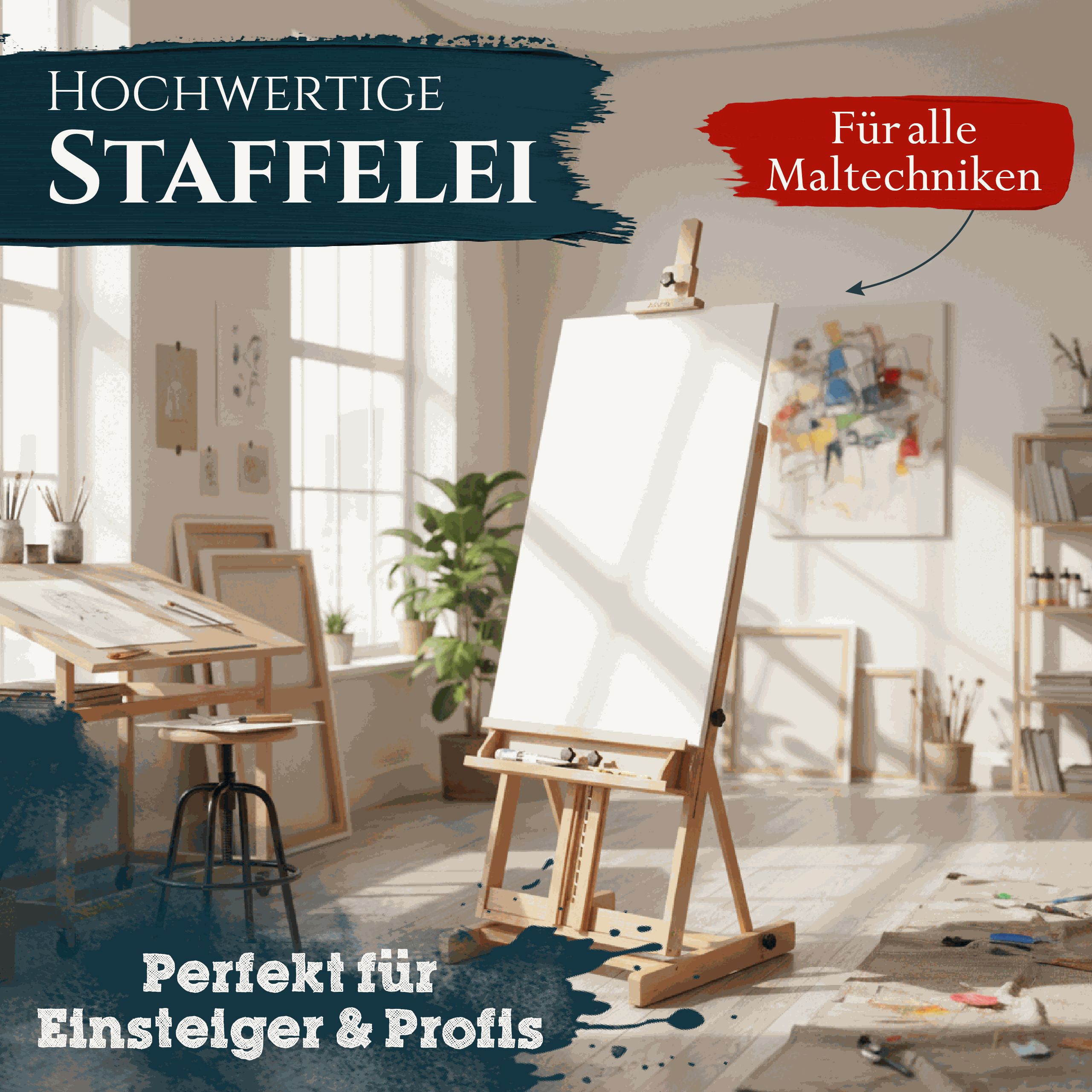 Artina Profi-Atelierstaffelei Toulouse aus massivem Buchenholz für Leinwände bis 200 cm, stabil, verstellbar und platzsparend, ideal für alle Maltechniken
