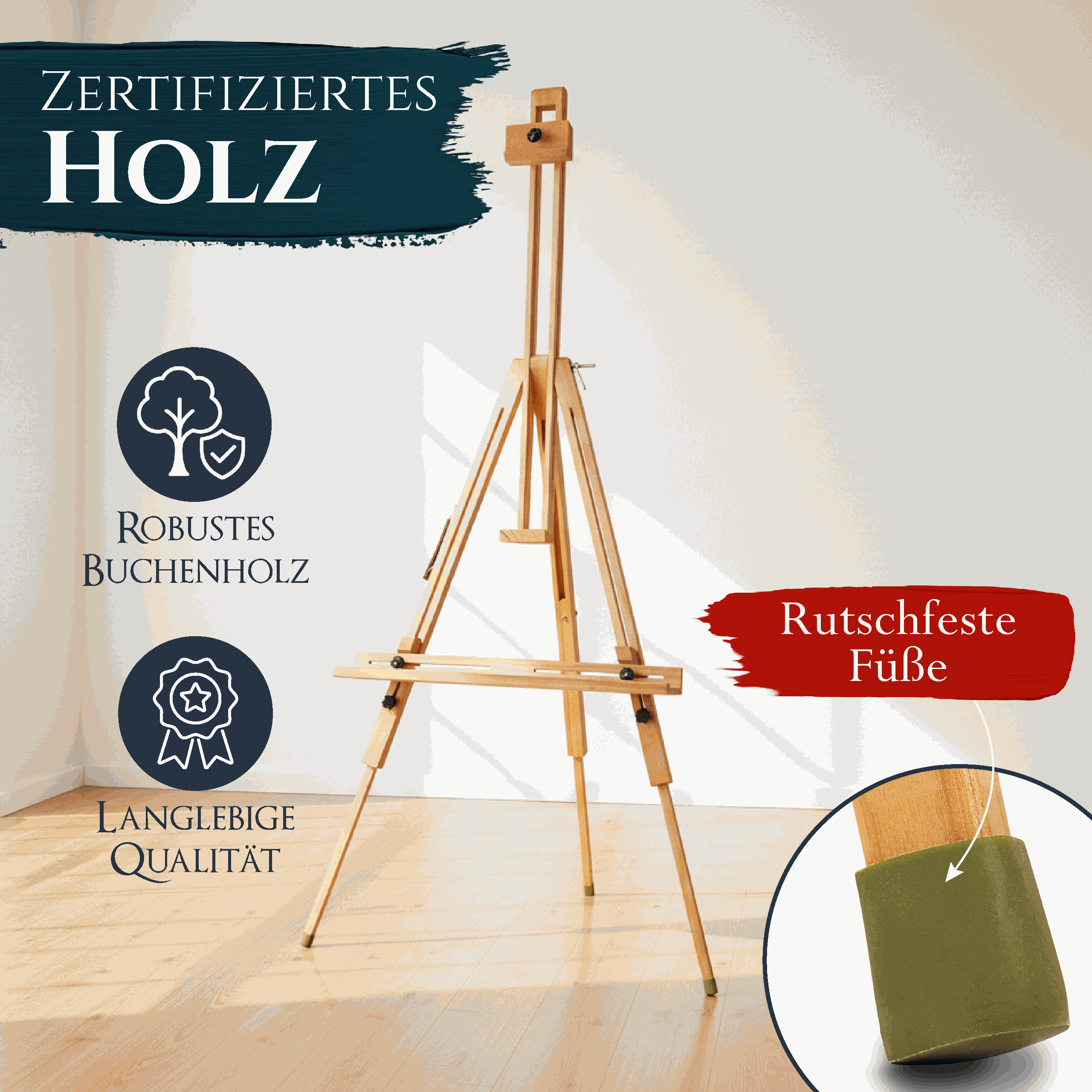 Feldstaffelei Saint-Tropez aus robustem Buchenholz mit rutschfesten Füßen und höhenverstellbarer Halterung für Leinwände bis 80cm