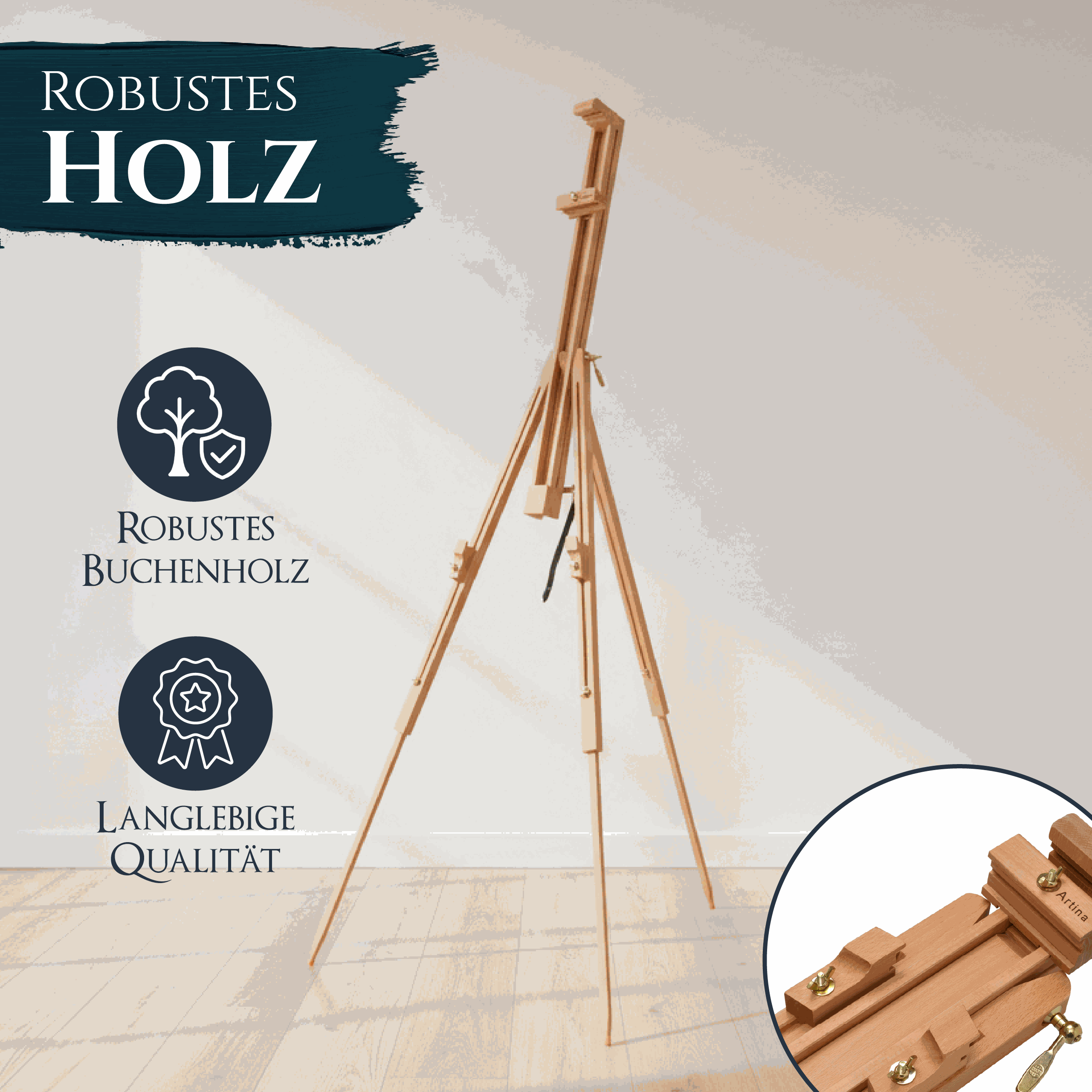 Artina Feldstaffelei Porto aus robustem Buchenholz, stufenlos verstellbar bis 90°, leicht und mobil für große Leinwände bis 100 cm