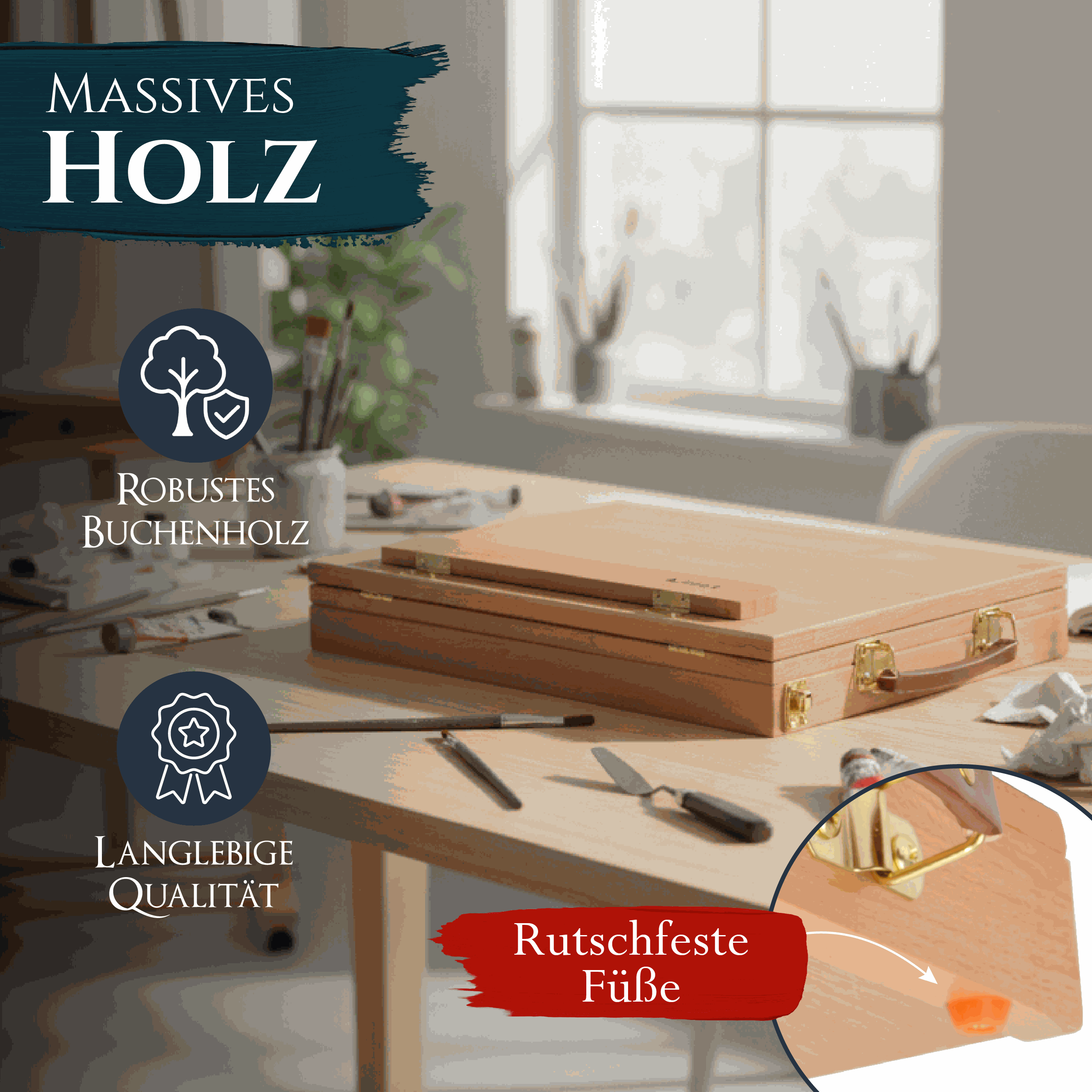 Artina Tischstaffelei aus robustem Buchenholz mit klappbarem Zeichenbrett und rutschfesten Füßen