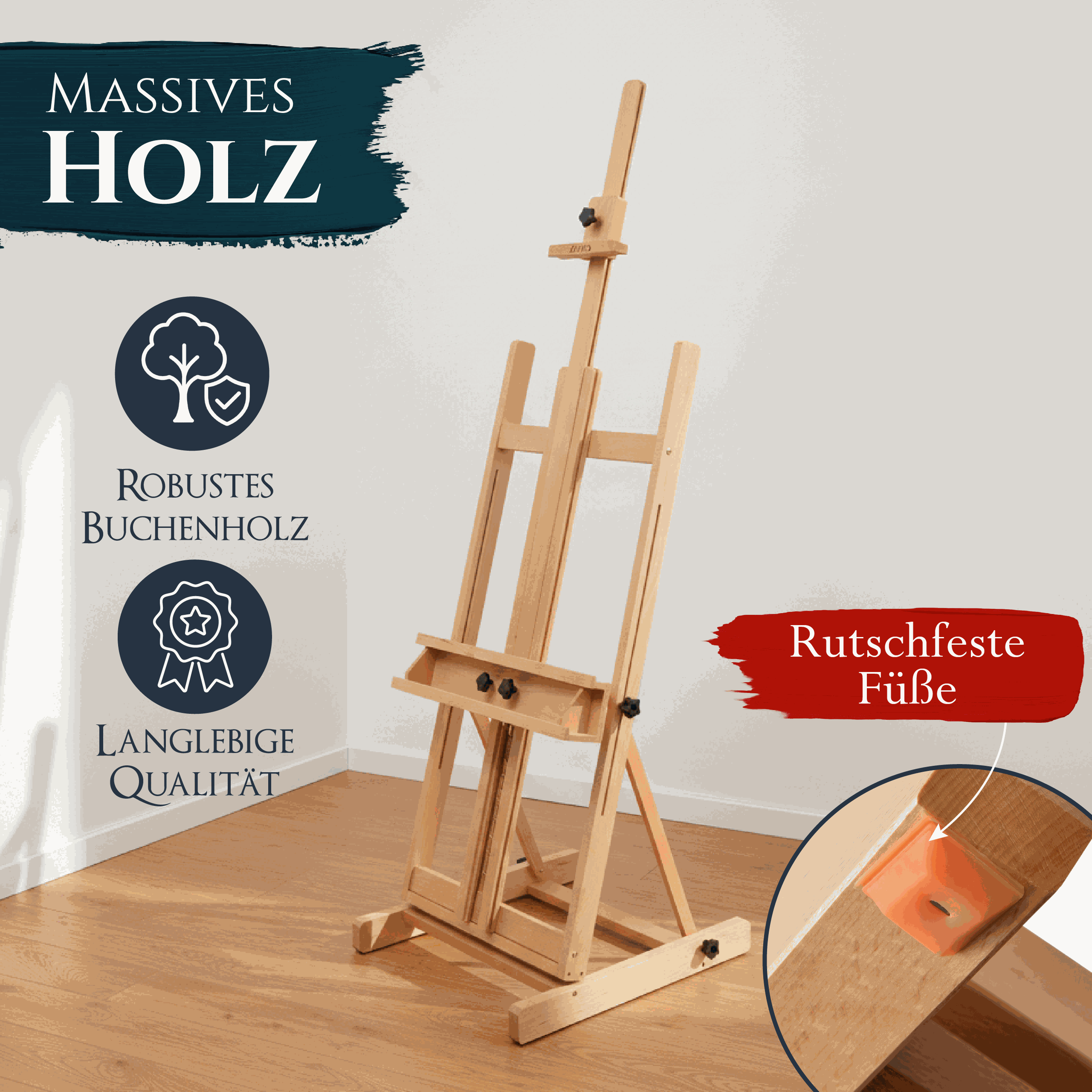 Artina Profi-Atelierstaffelei Toulouse aus massivem Buchenholz mit rutschfesten Füßen und stufenlos verstellbarer Neigung