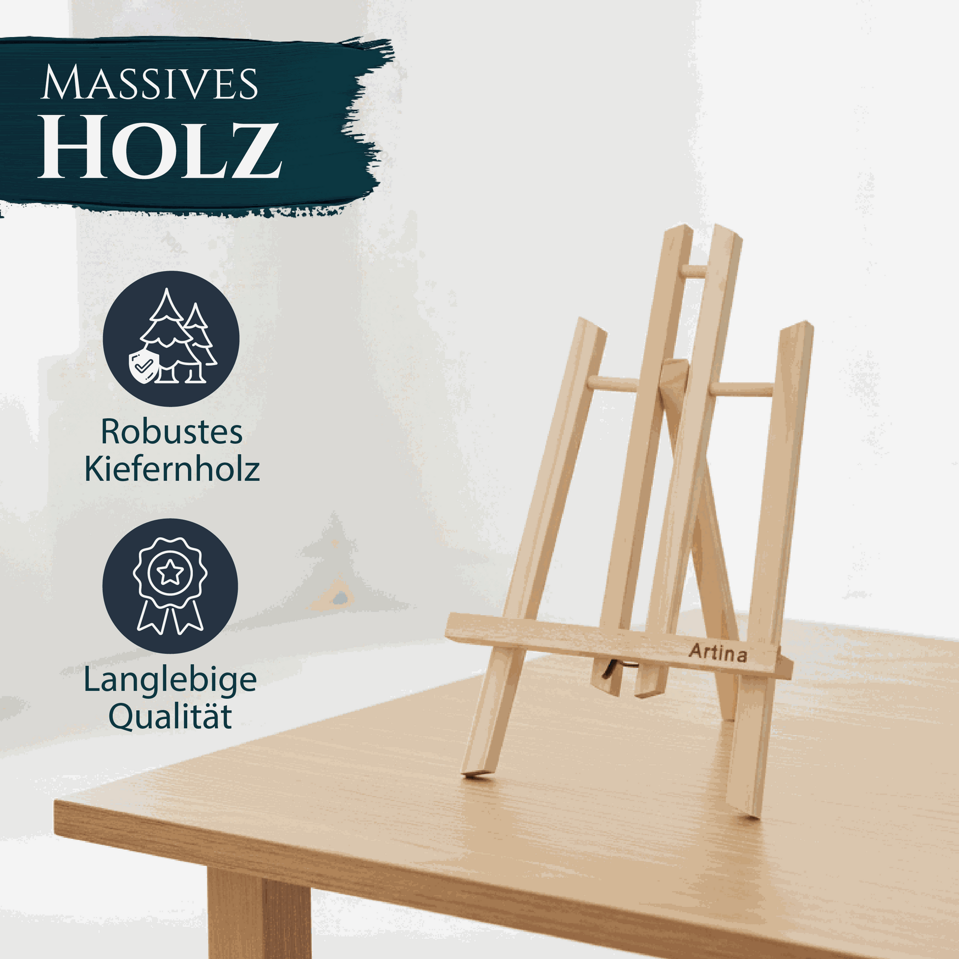 Artina Tischstaffelei aus massivem geöltem Kiefernholz, kompakt und leicht für Tisch und Präsentation