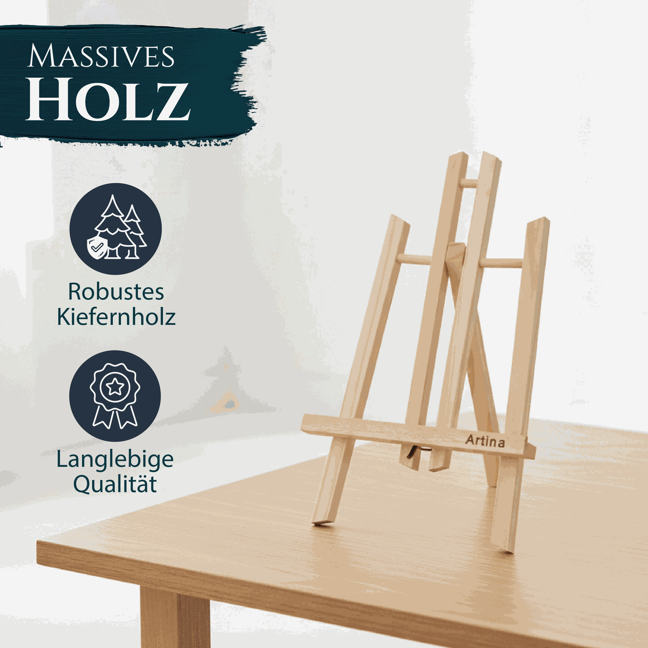 Artina Tischstaffelei aus massivem geöltem Kiefernholz, kompakt und leicht für Tisch und Präsentation