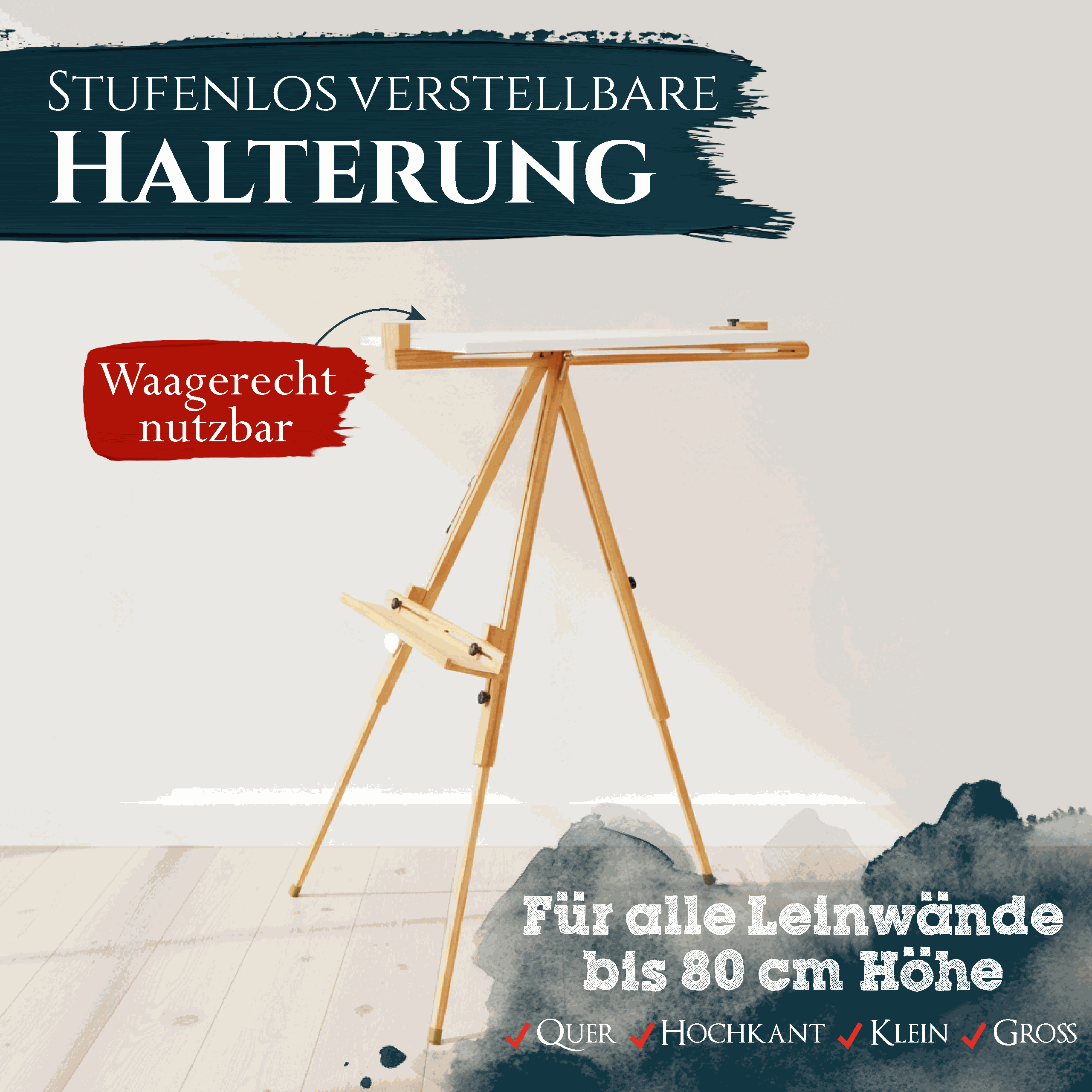 Feldstaffelei Saint-Tropez aus Buchenholz, höhenverstellbar, für Leinwände bis 80 cm, mobil und stabil