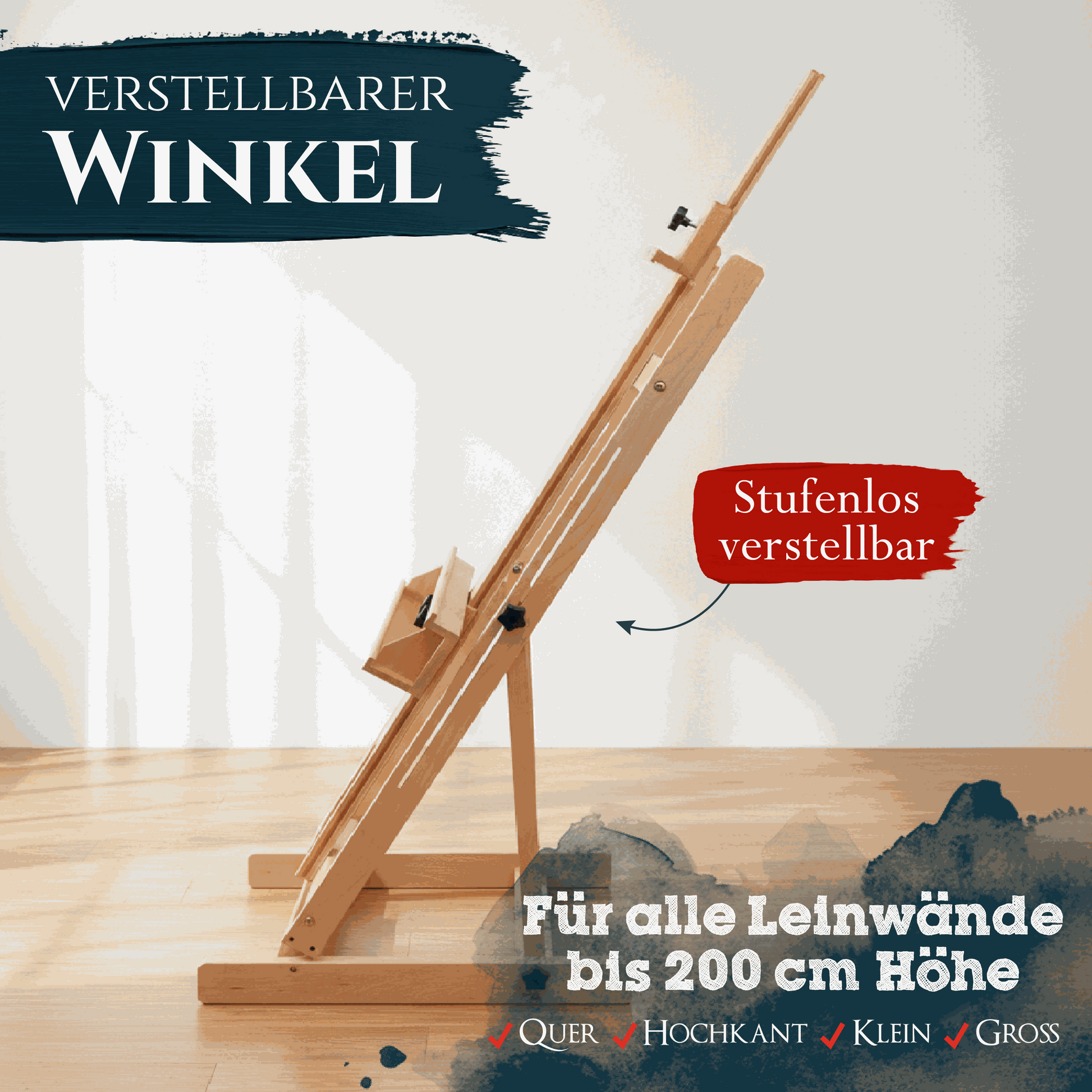 Artina Profi-Atelierstaffelei Toulouse aus massivem Buchenholz, stufenlos verstellbar, für Leinwände bis 200 cm Höhe, stabile und klappbare Künstlerstaffelei